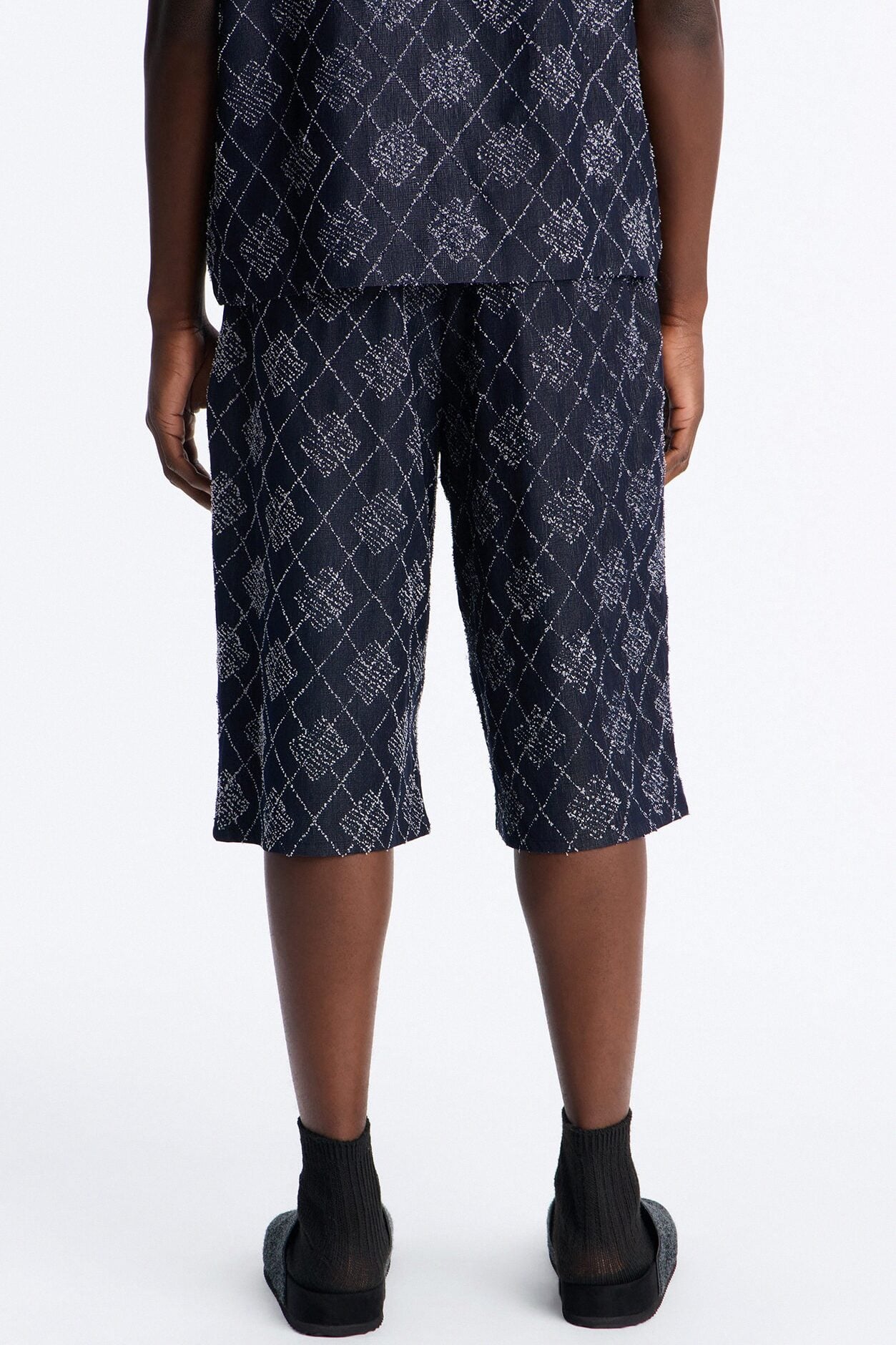 Baggy Diamond Frayed Jacquard Long Short - Navy image 4