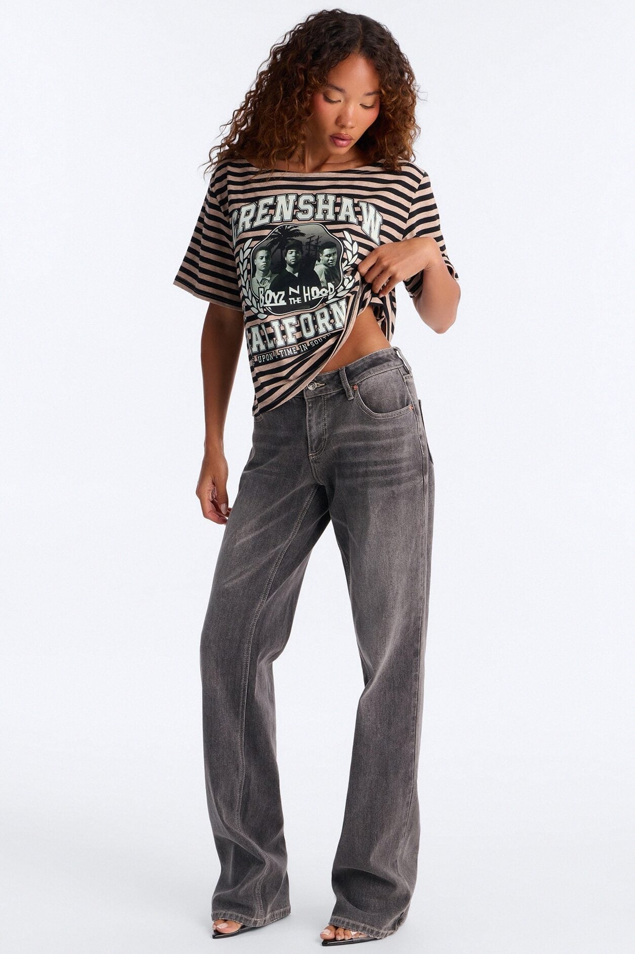 Boyz N The Hood Stripe Off Shoulder Crop Tee - Black image 2