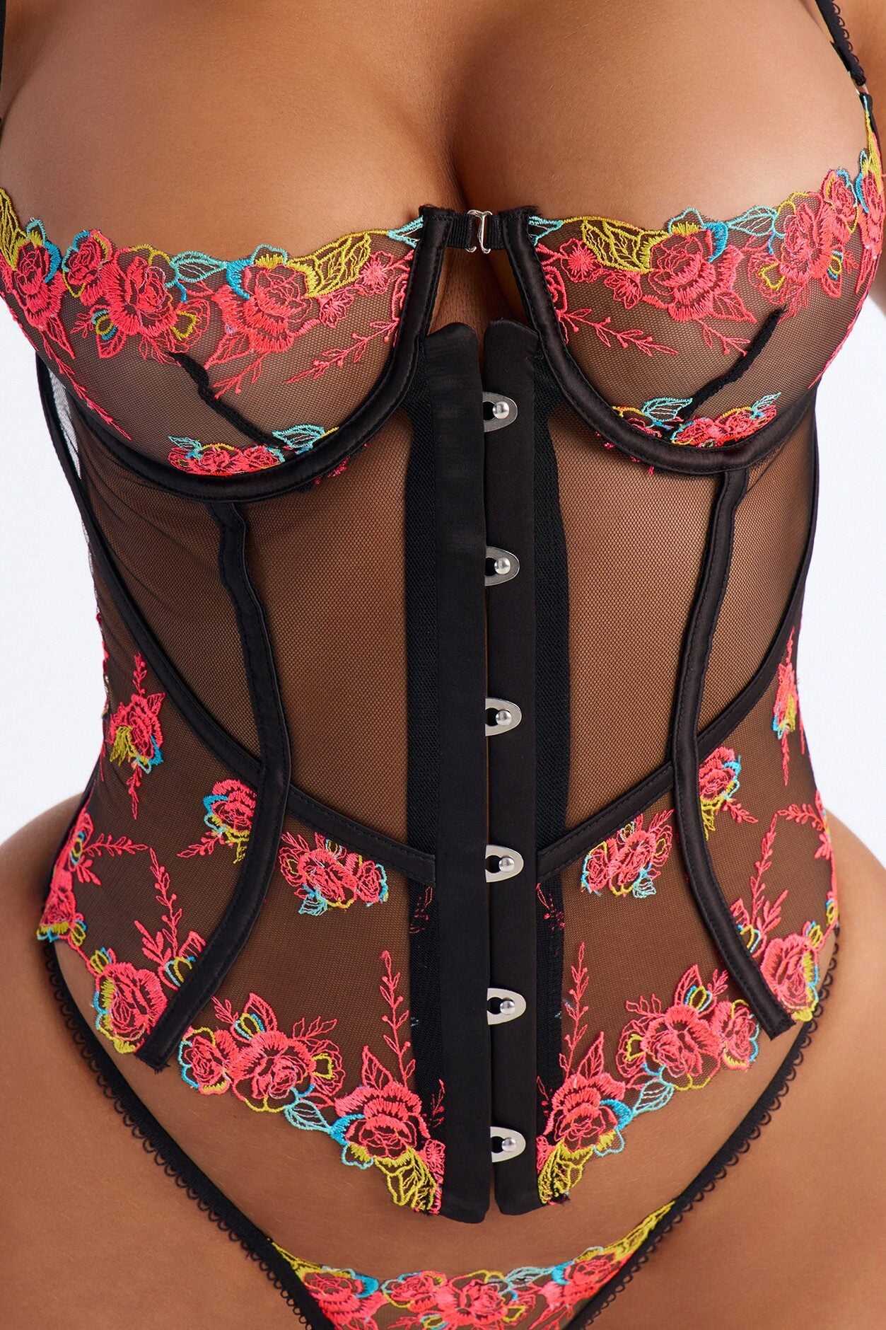 Pretty In Provocative Embroidered Floral Lace Corset 2 Piece Set - Black/Pink image 2