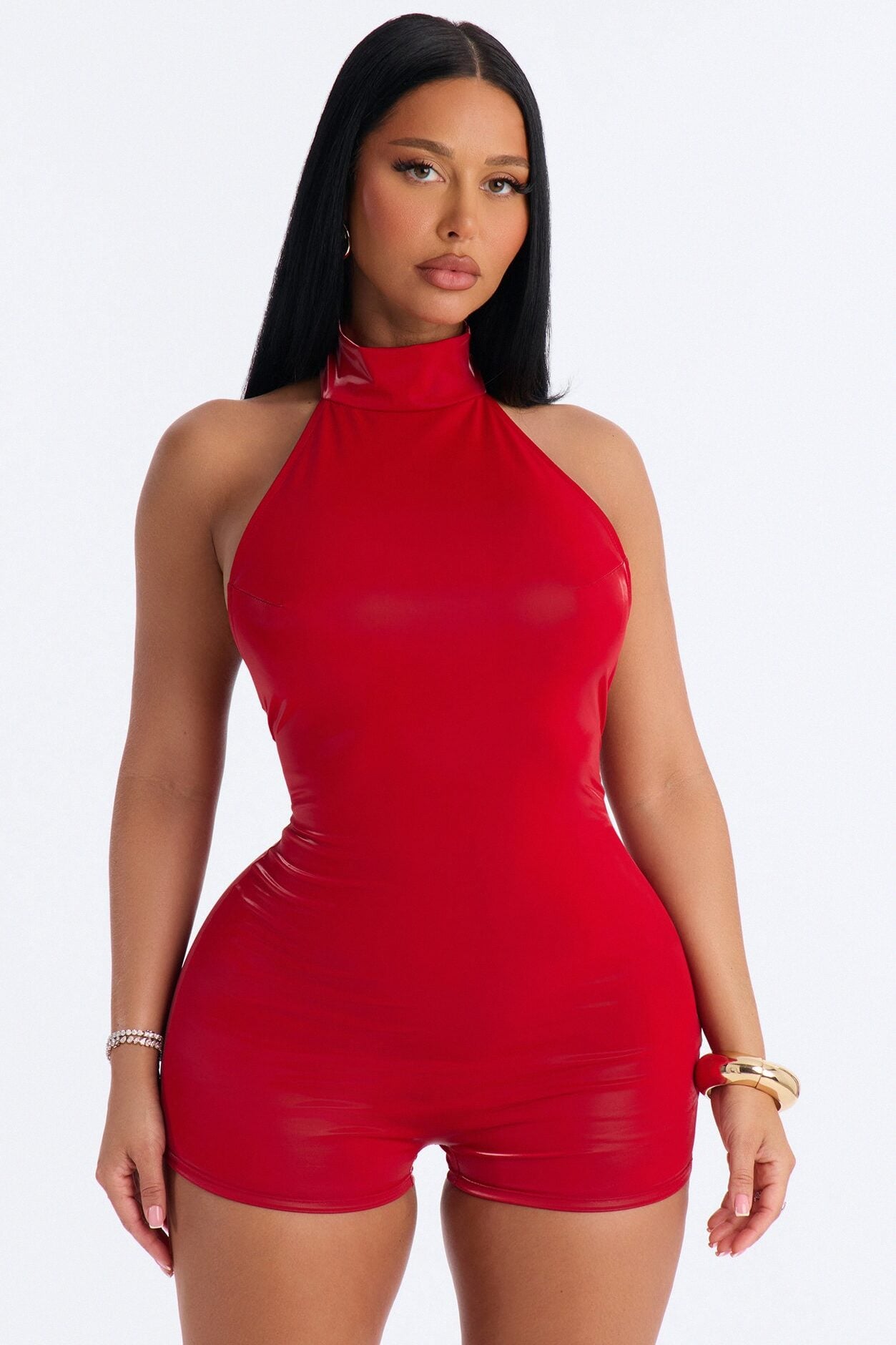 Sleek Seduction Backless Coated Romper - Red image 2