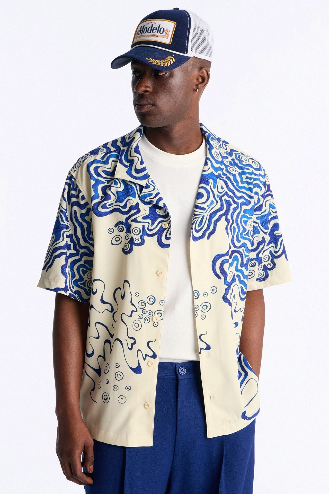 Relaxed Abstract Mykonos Cuban Collar Button Up Shirt - Blue/combo image 1