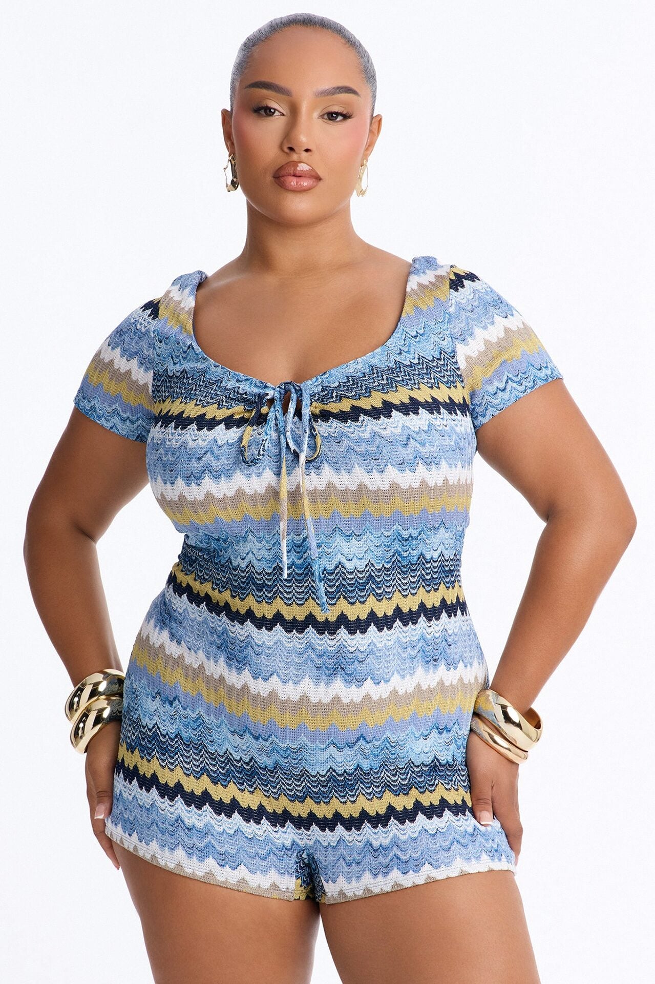 Malibu Waves Short Sleeve Knit Romper - Blue image 6