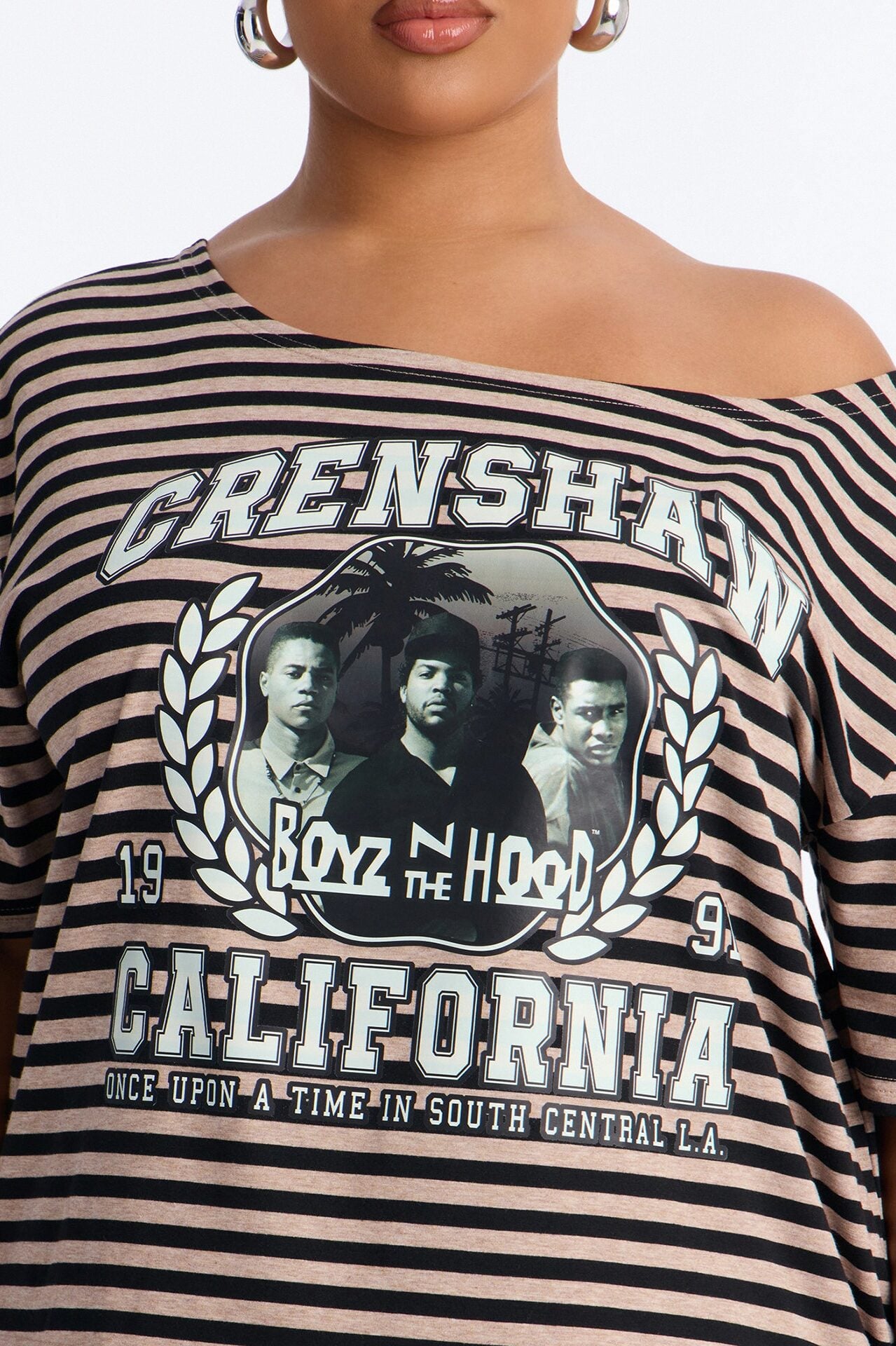 Boyz N The Hood Stripe Off Shoulder Crop Tee - Black image 7