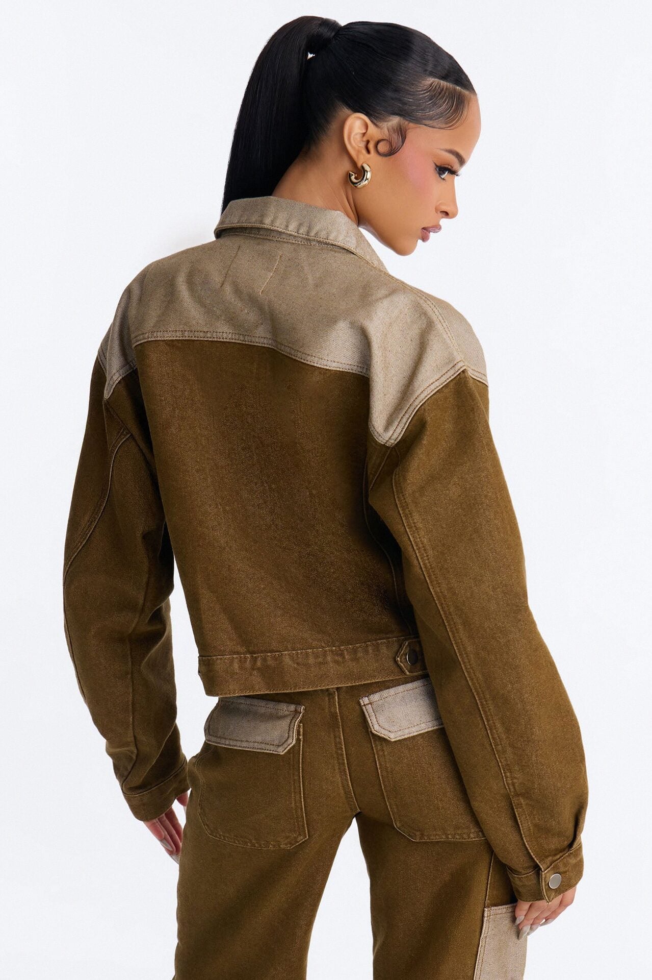 The Cold Shoulder Shiny Denim Jacket - Brown image 4