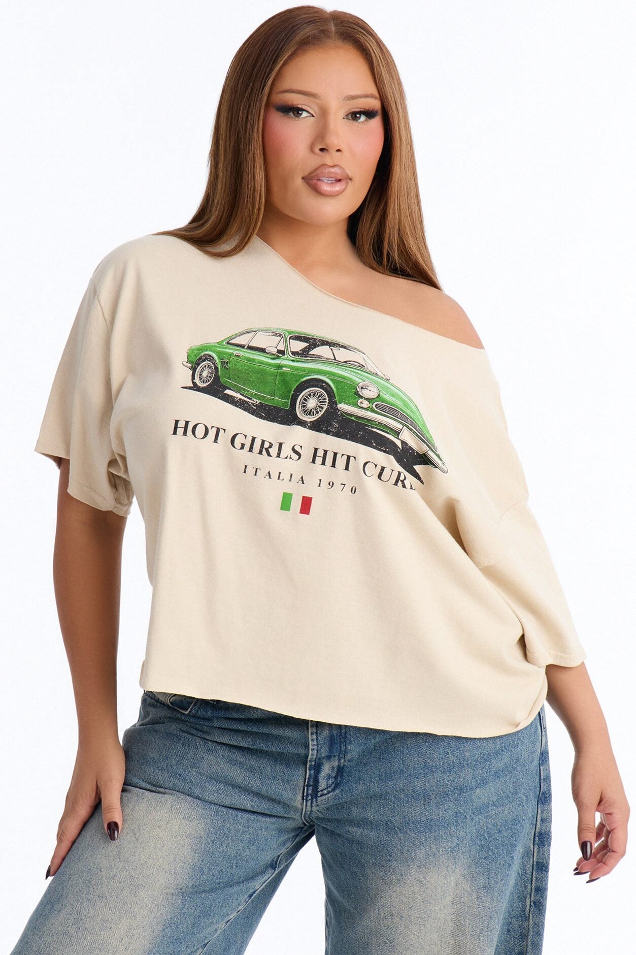 Hot Girls Hit Curbs Off Shoulder Tee - Taupe image 5