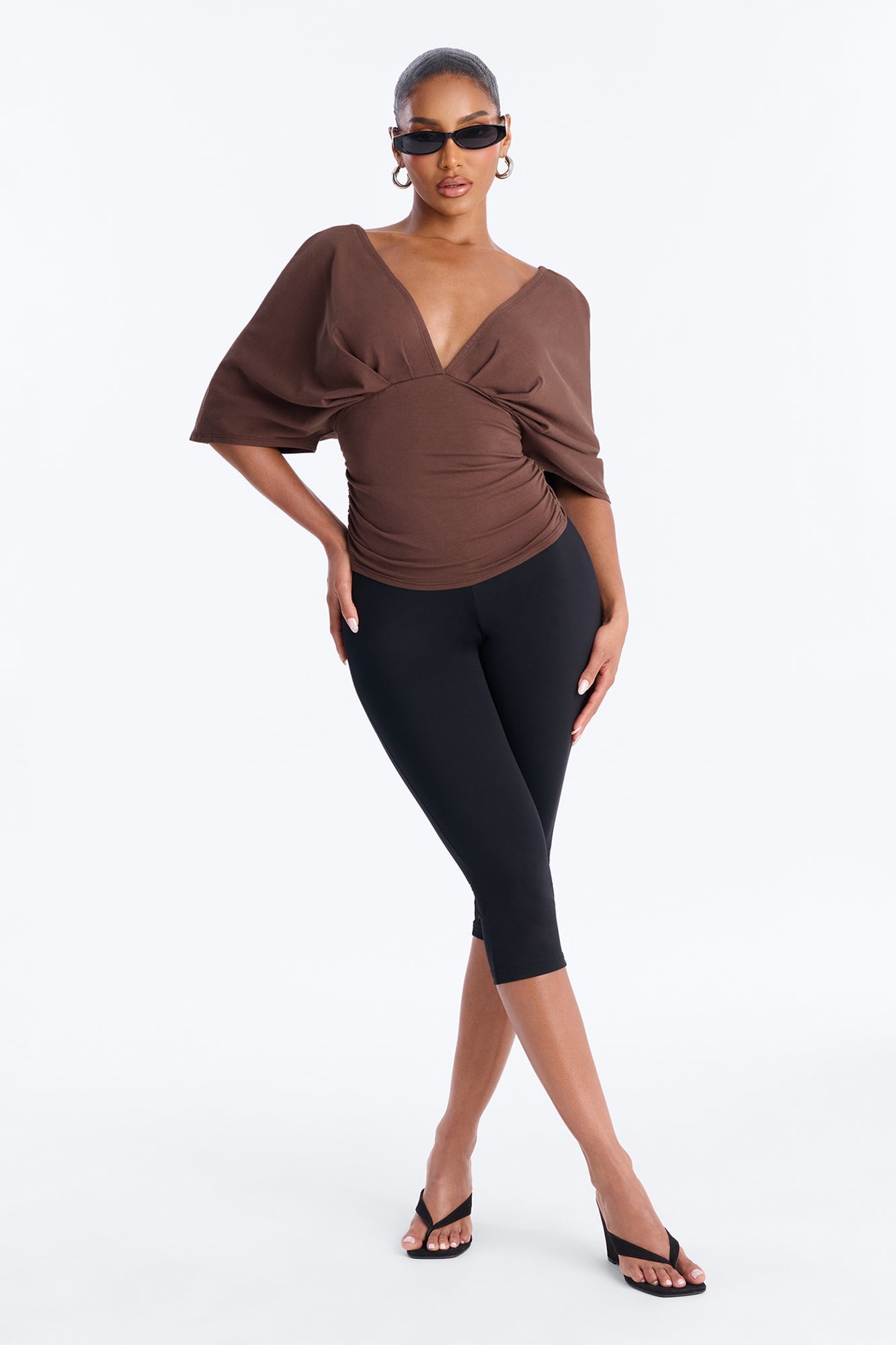 Taylor Cinched Waist Ruched Short Sleeve Top - Brown image 5