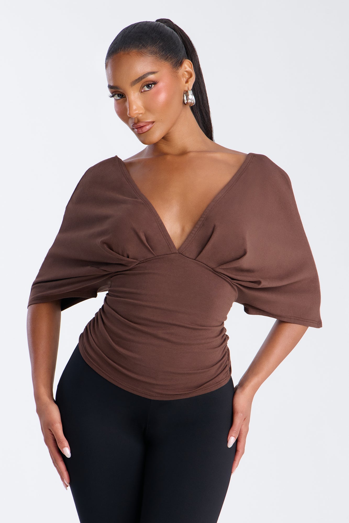 Taylor Cinched Waist Ruched Short Sleeve Top - Brown image 4