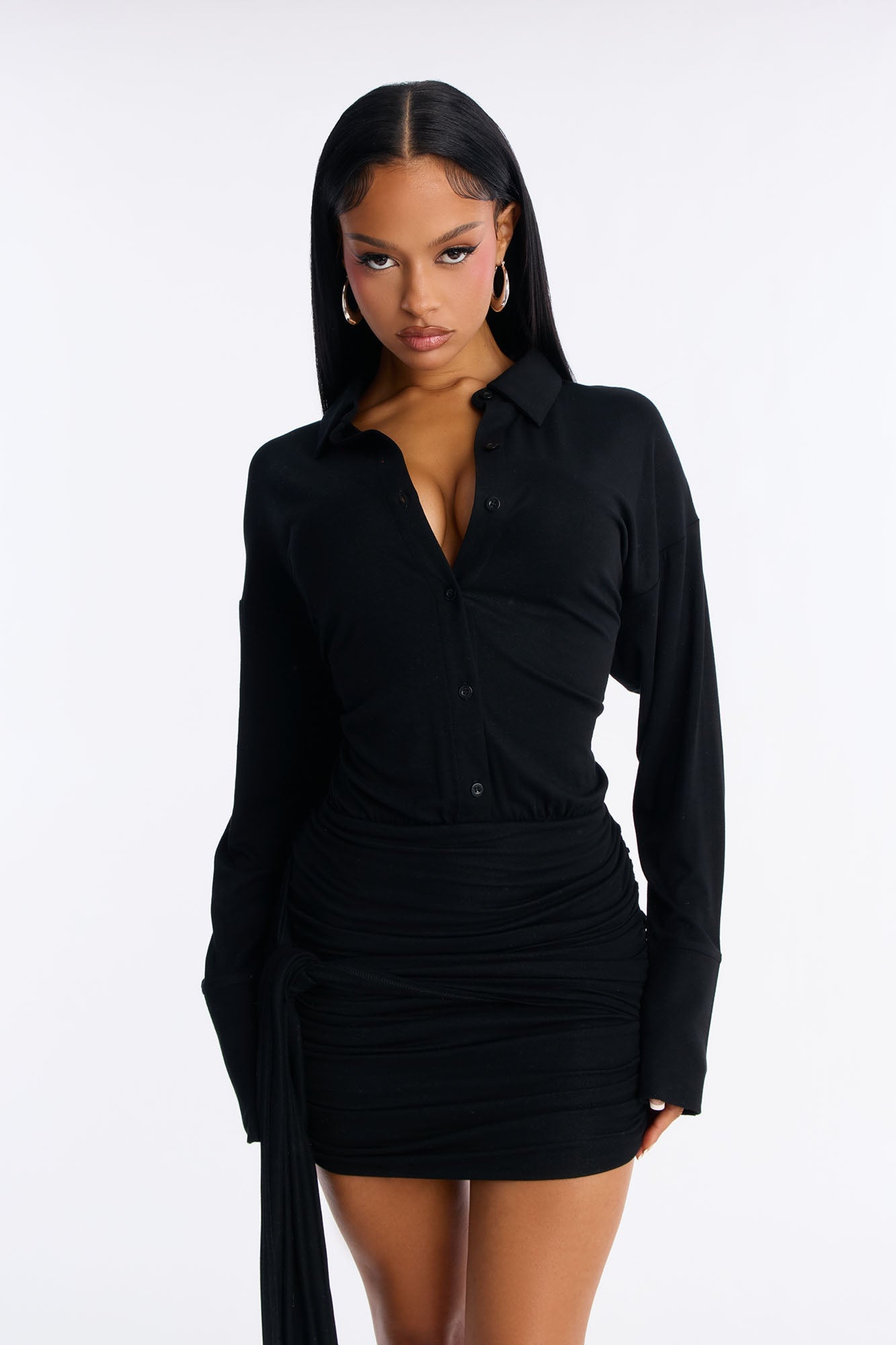 Thalia Draped Cotton Mini Dress - Black image 6