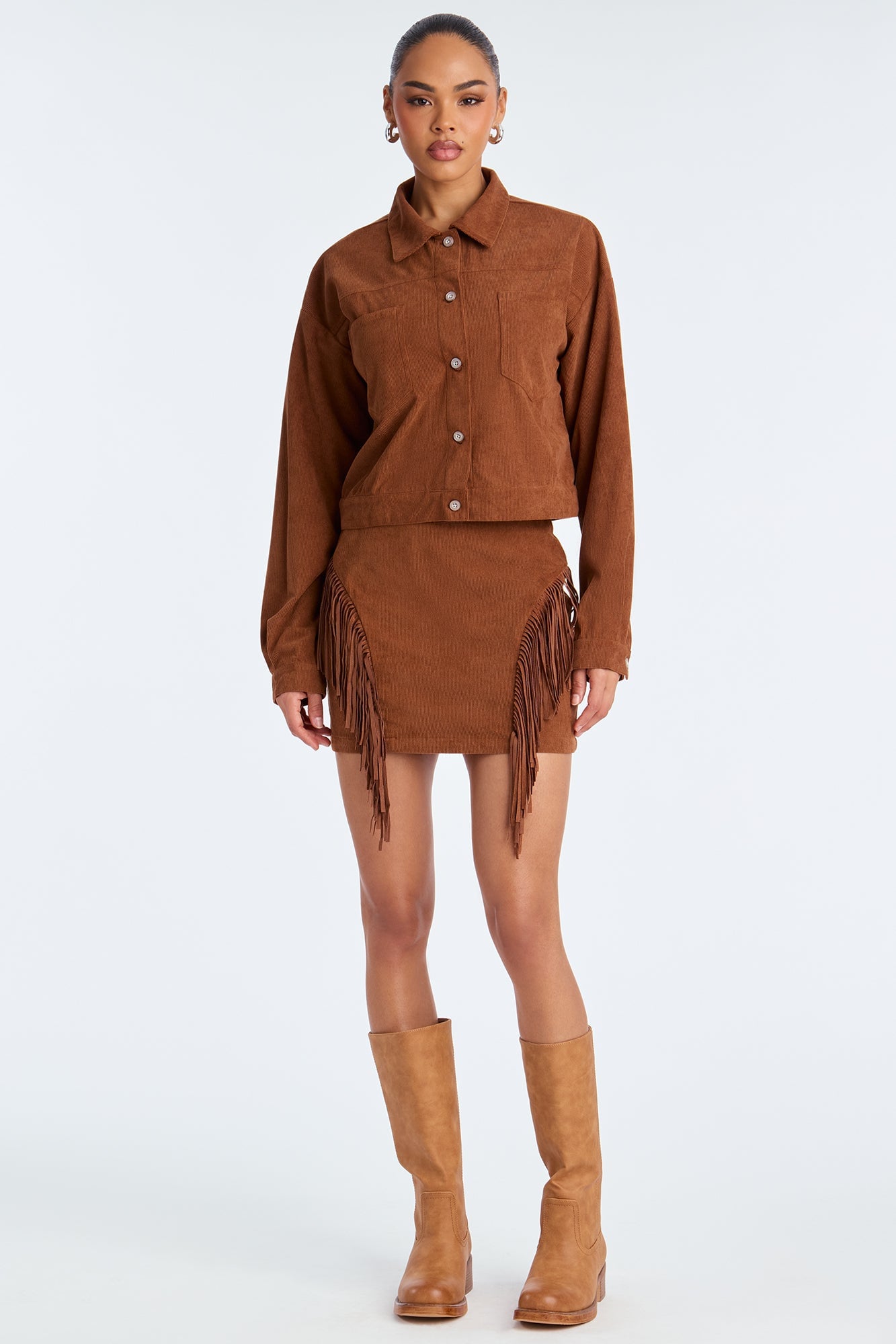 Take The Chance Corduroy Fringe Skirt Set - Rust image 2