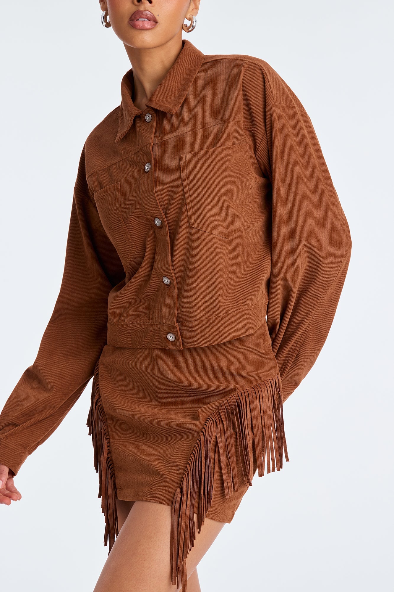 Take The Chance Corduroy Fringe Skirt Set - Rust image 3