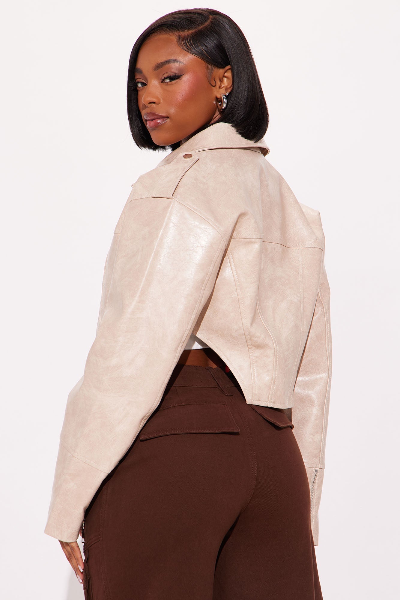 Talk Is Cheap Faux Patent Leather Moto Jacket - Stone image 3