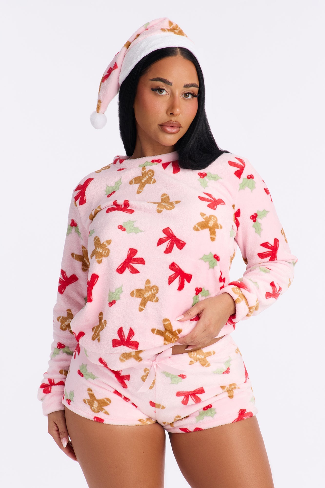 Sweet Gingerbread 3 Piece Plush Crew Neck PJ Short Set - Pink image 4