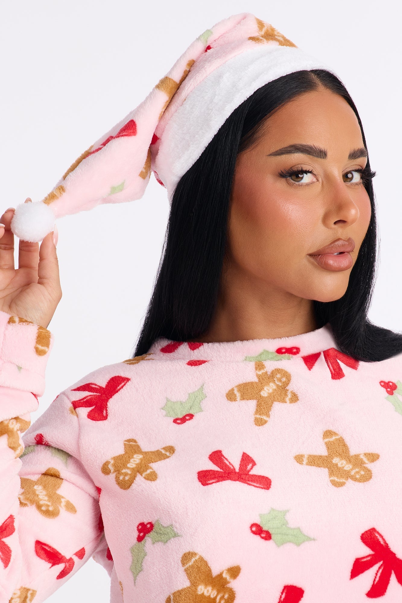Sweet Gingerbread 3 Piece Plush Crew Neck PJ Short Set - Pink image 5
