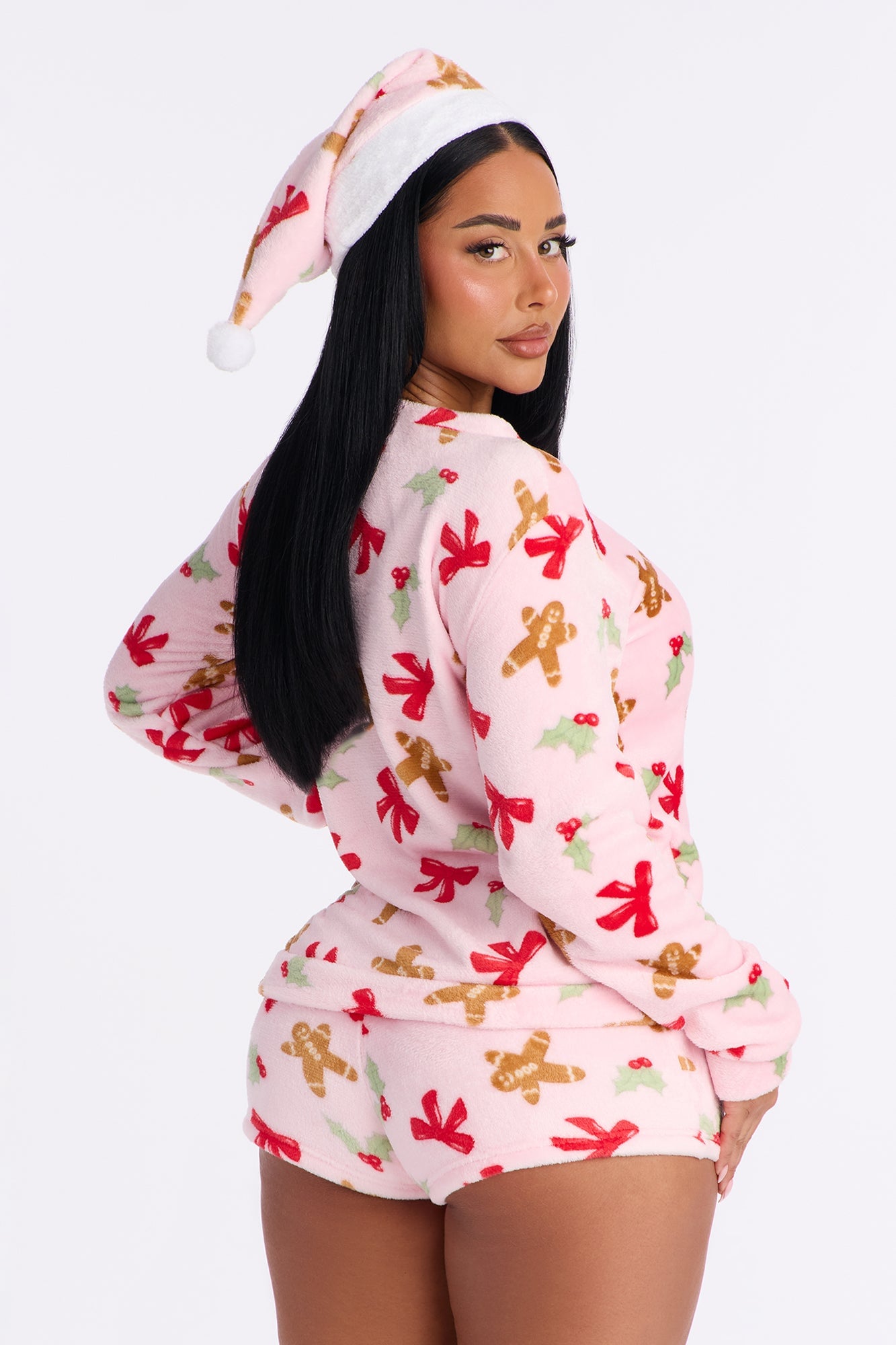 Sweet Gingerbread 3 Piece Plush Crew Neck PJ Short Set - Pink image 6