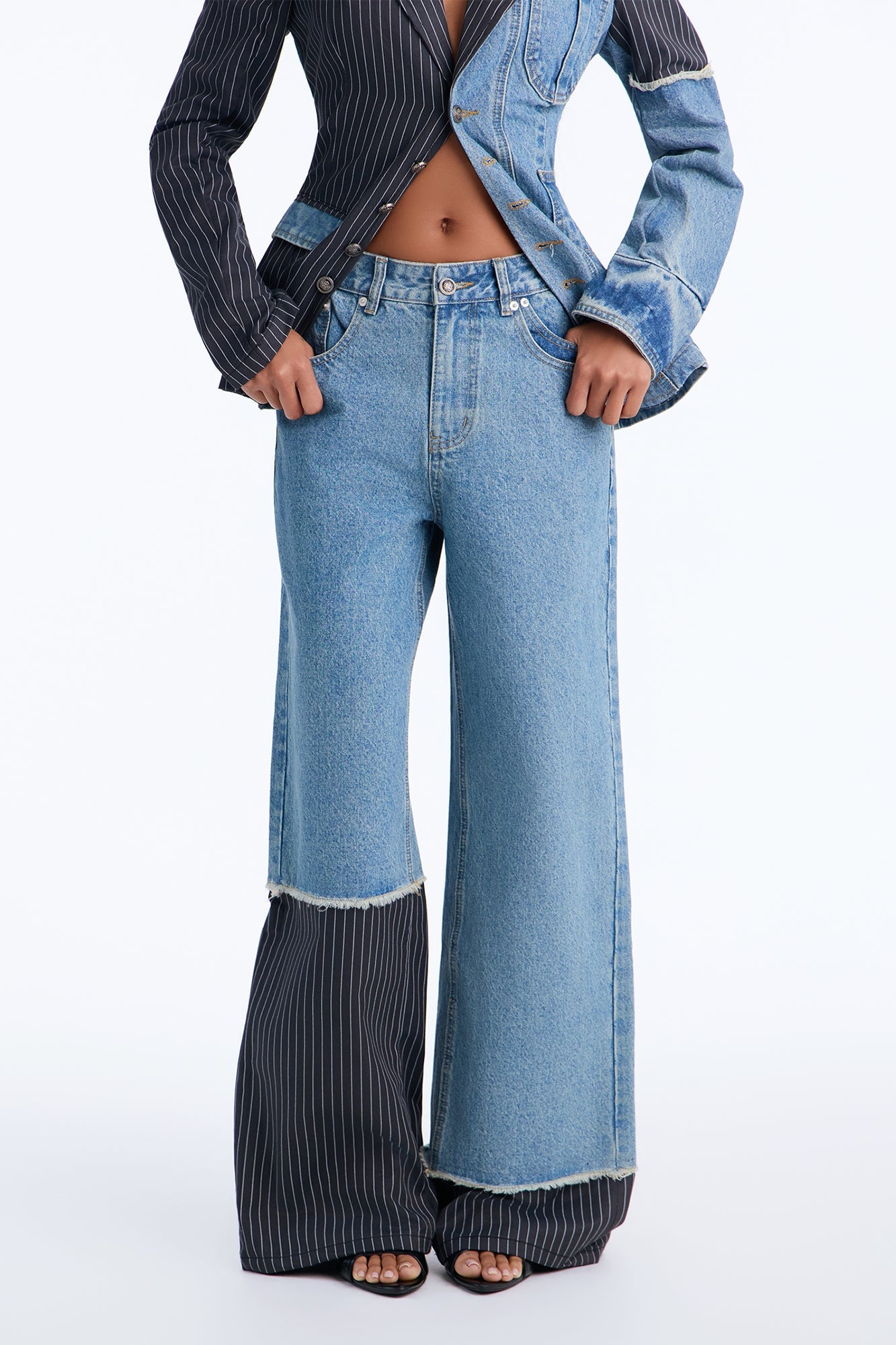 The Alibi Deconstructed Pinstripe Wide Leg Jeans - Medium Wash image 2