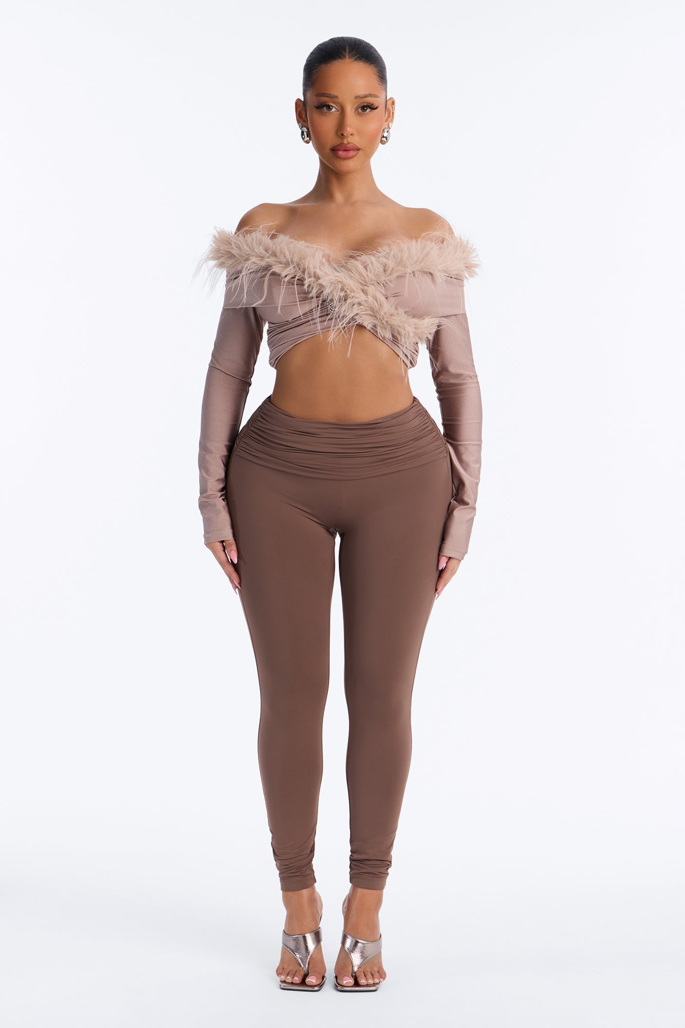 Second Skin Double Lined Ruched Foldover Leggings - Brown image 5