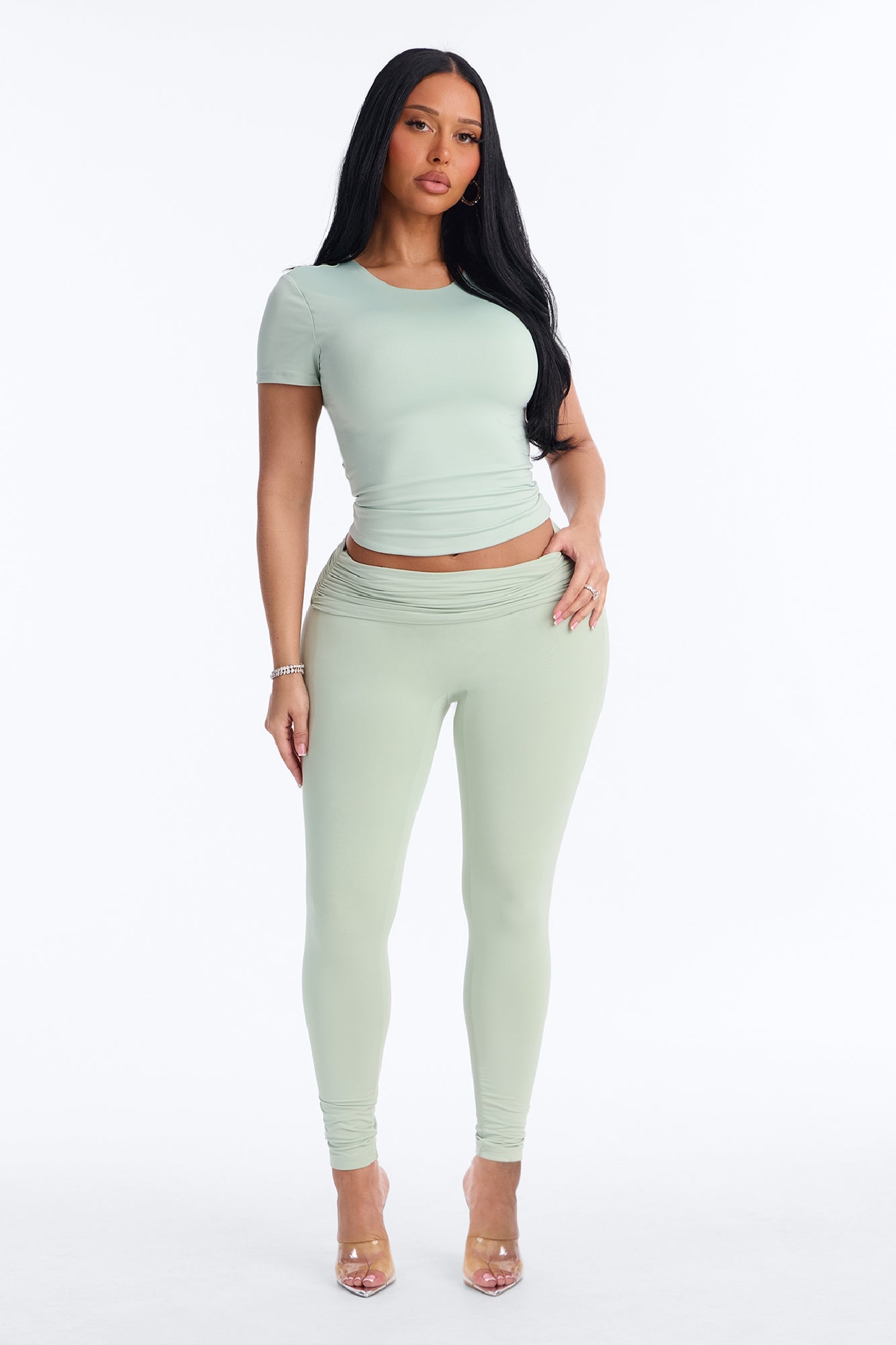 Second Skin Double Lined Ruched Foldover Leggings - Mint image 6