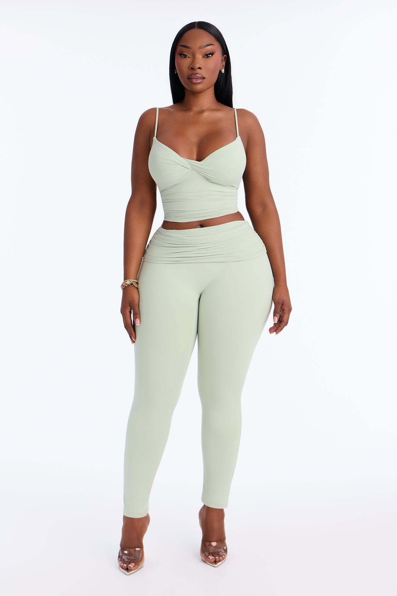 Second Skin Double Lined Ruched Foldover Leggings - Mint image 1