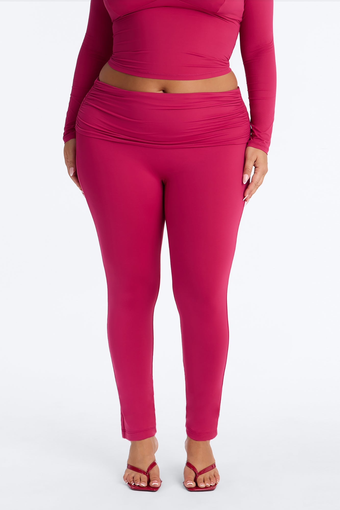 Second Skin Double Lined Ruched Foldover Leggings - Raspberry image 1