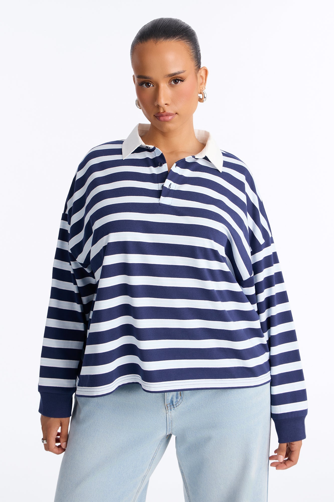Tara Striped Long Sleeve Polo - Blue/combo image 1
