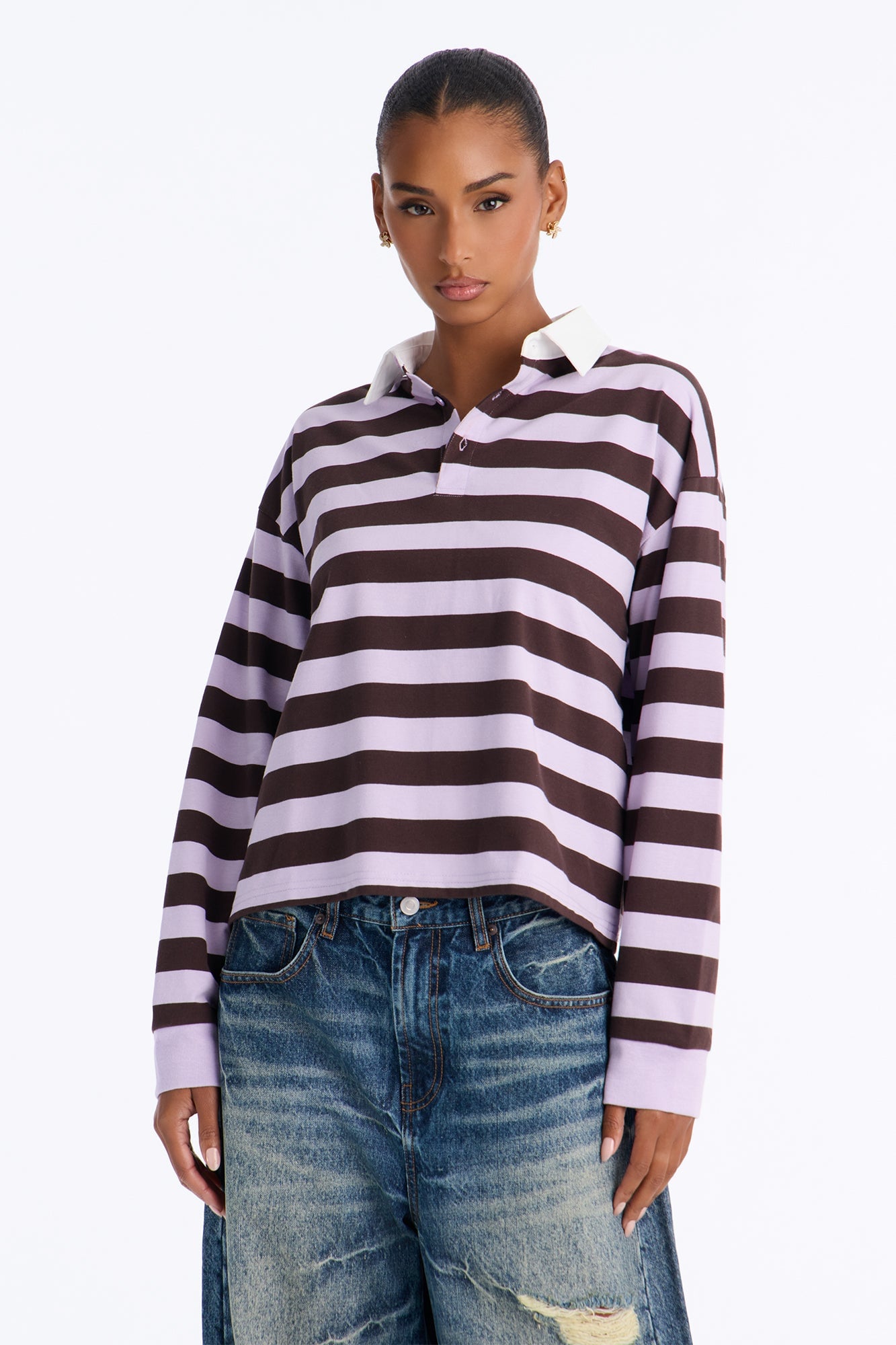 Tara Striped Long Sleeve Polo - Lavender/combo image 5