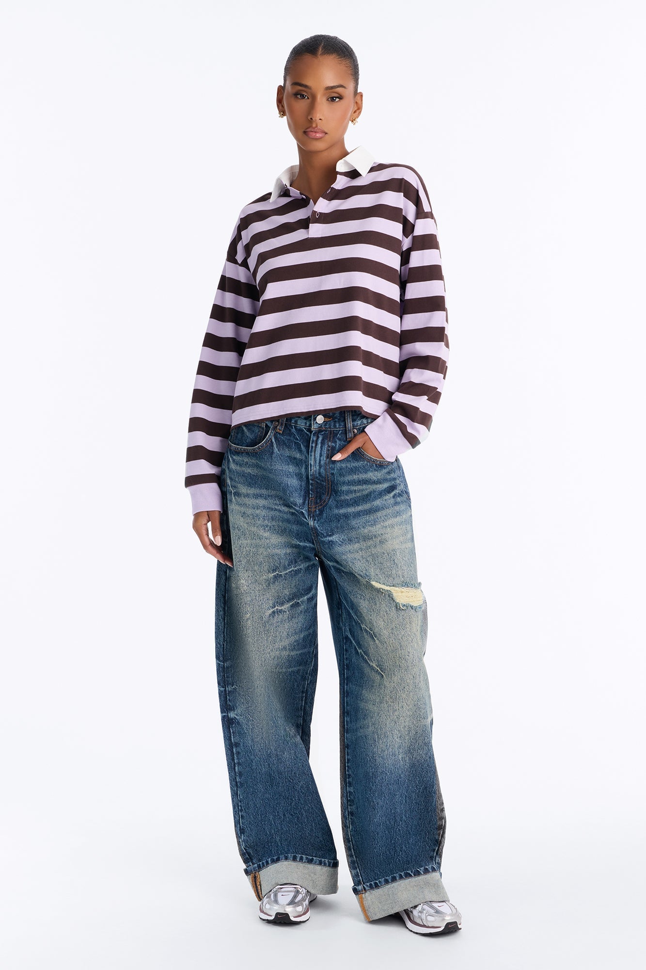 Tara Striped Long Sleeve Polo - Lavender/combo image 6