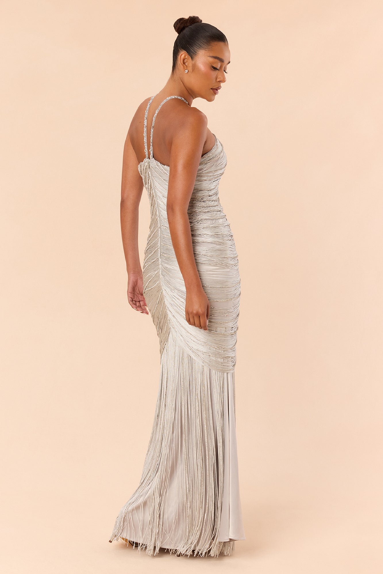 Tell Me About It Satin Fringe Gown - Silver image 3