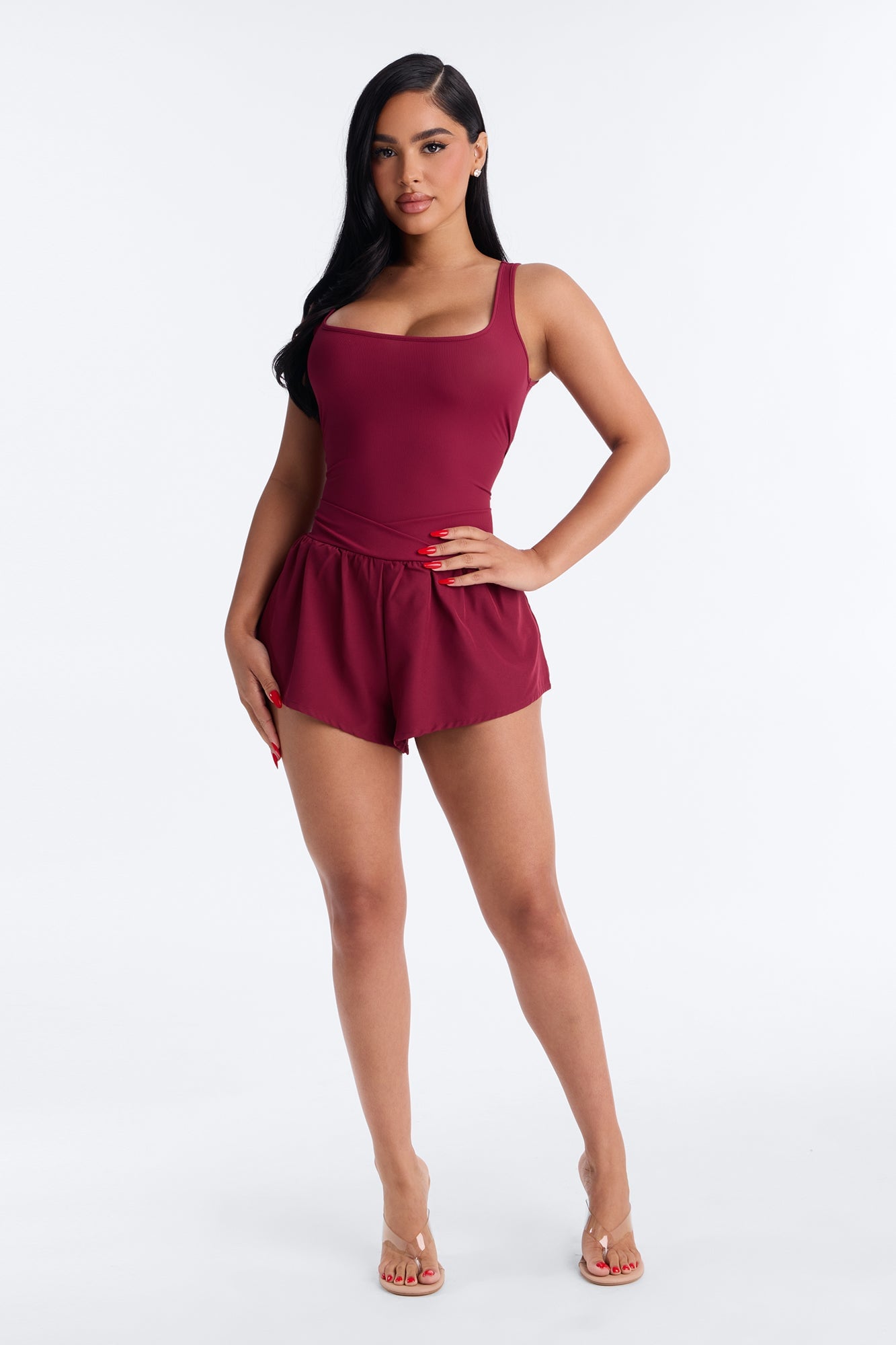 Tennis Court Baddie Sleeveless Windbreak Short Romper - Burgundy image 6