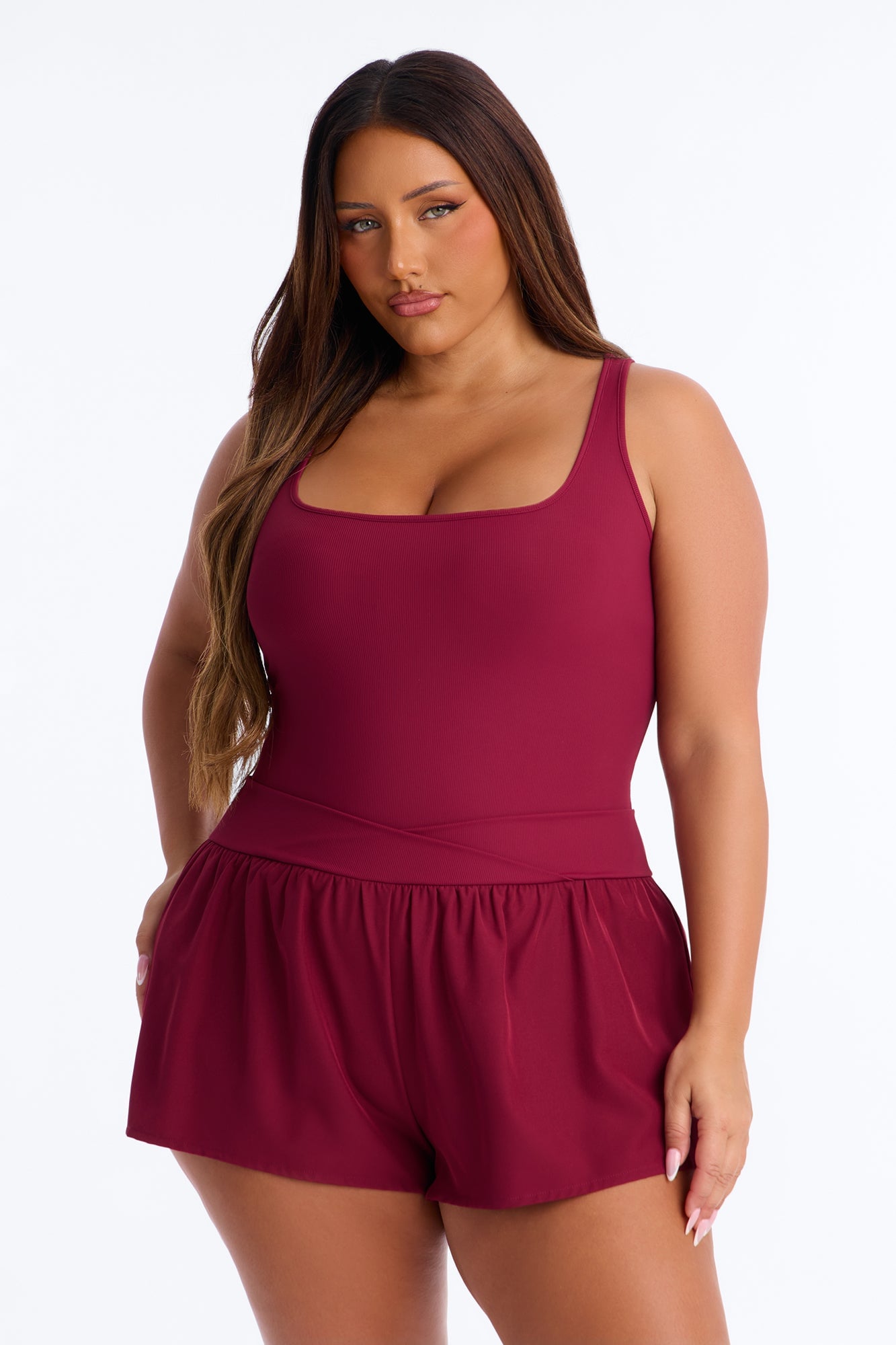 Tennis Court Baddie Sleeveless Windbreak Short Romper - Burgundy image 1