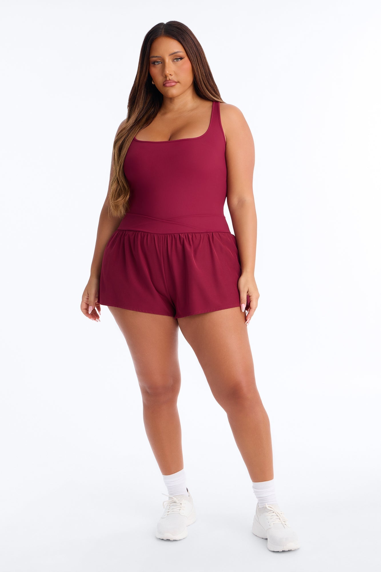 Tennis Court Baddie Sleeveless Windbreak Short Romper - Burgundy image 2
