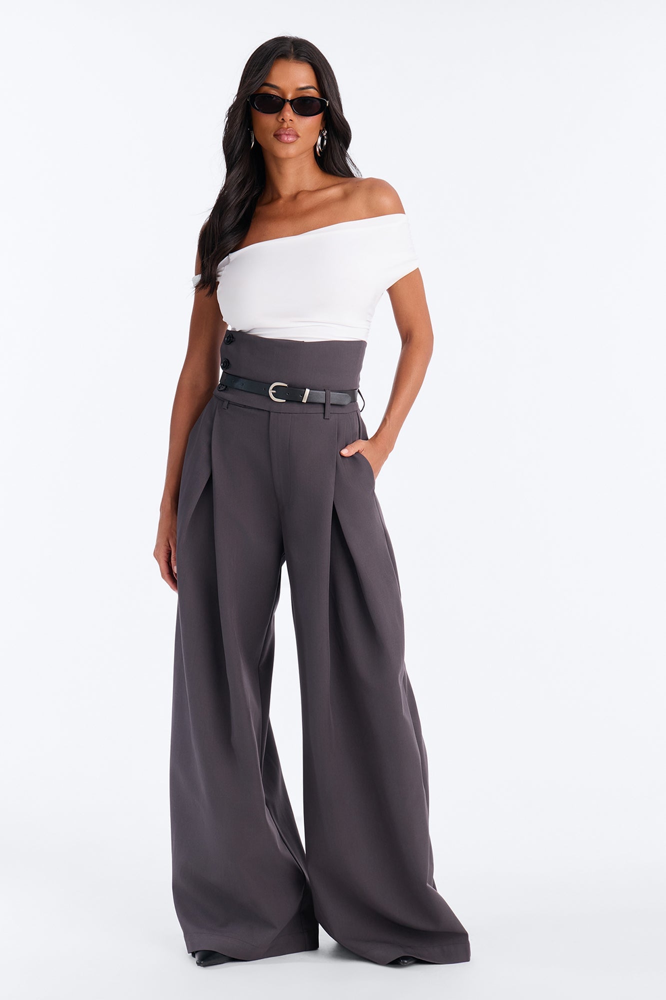 Thalia High Rise Foldover Corset Waist Belted Trouser - Charcoal image 5