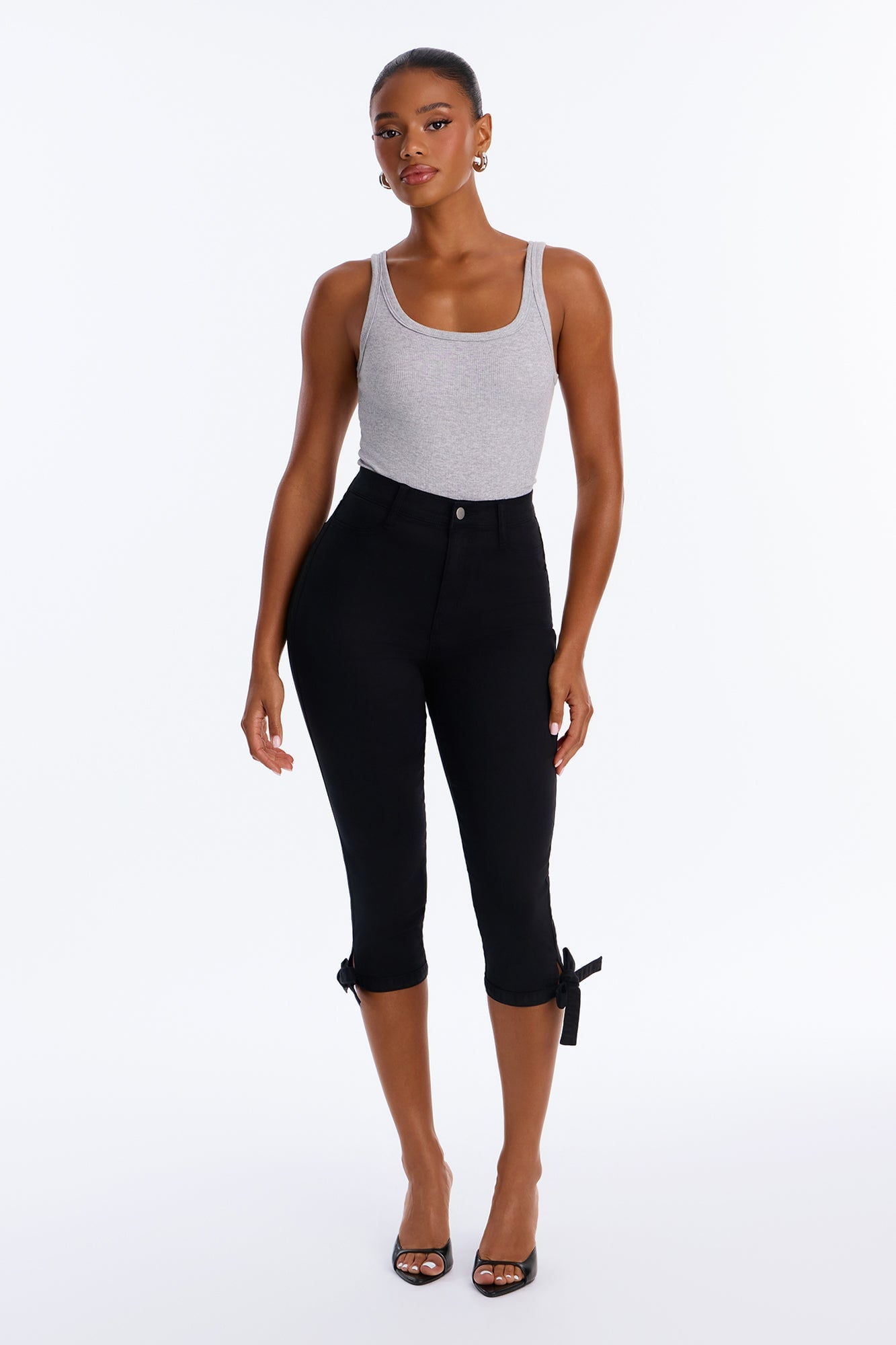 Classic Color High Waist Bow Tie Capri Jeans - Black image 6