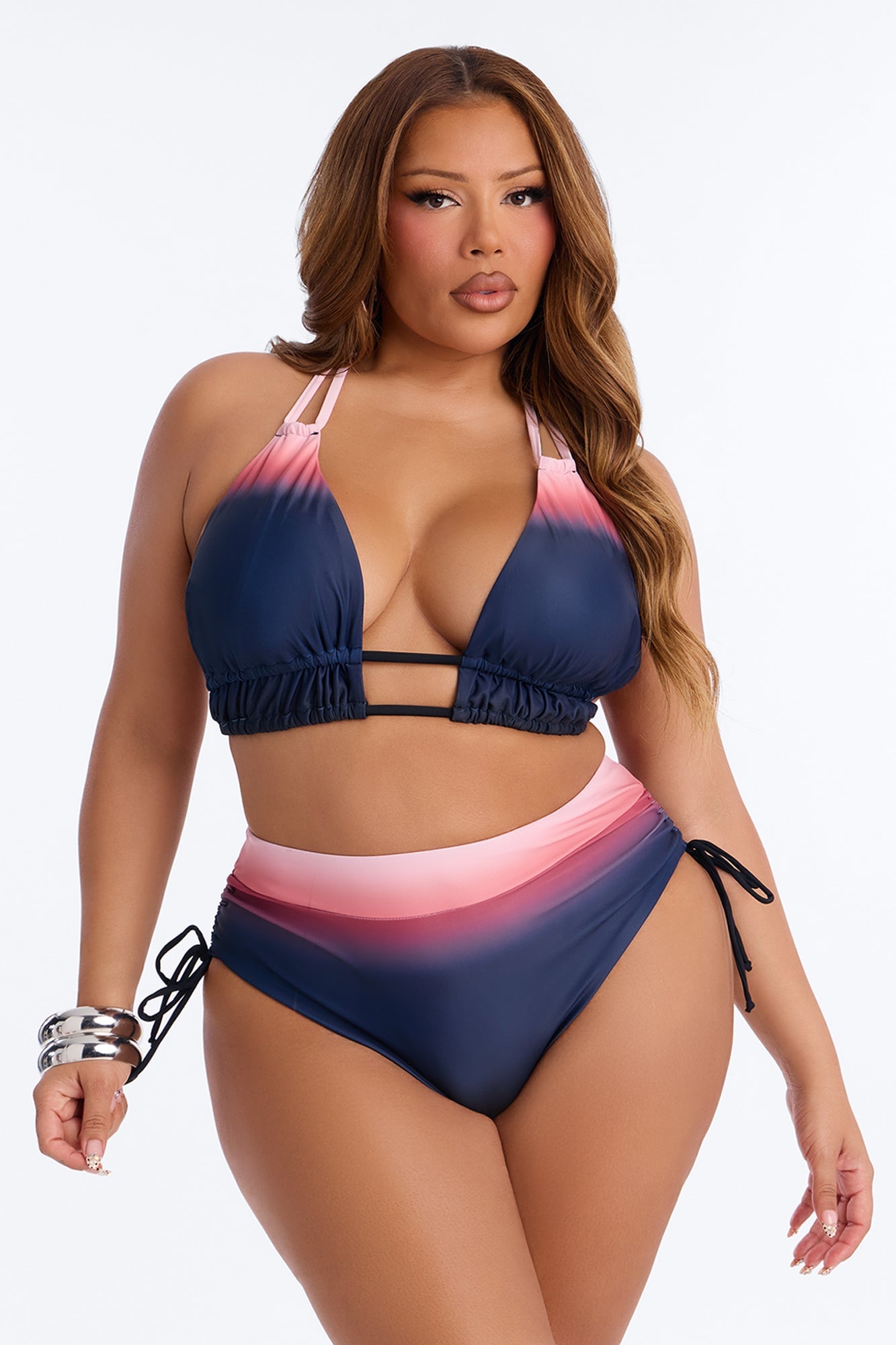 Sunset Fade Ombre Tank Top High Waist Ruching 2 Piece Bikini - Black/Pink image 1