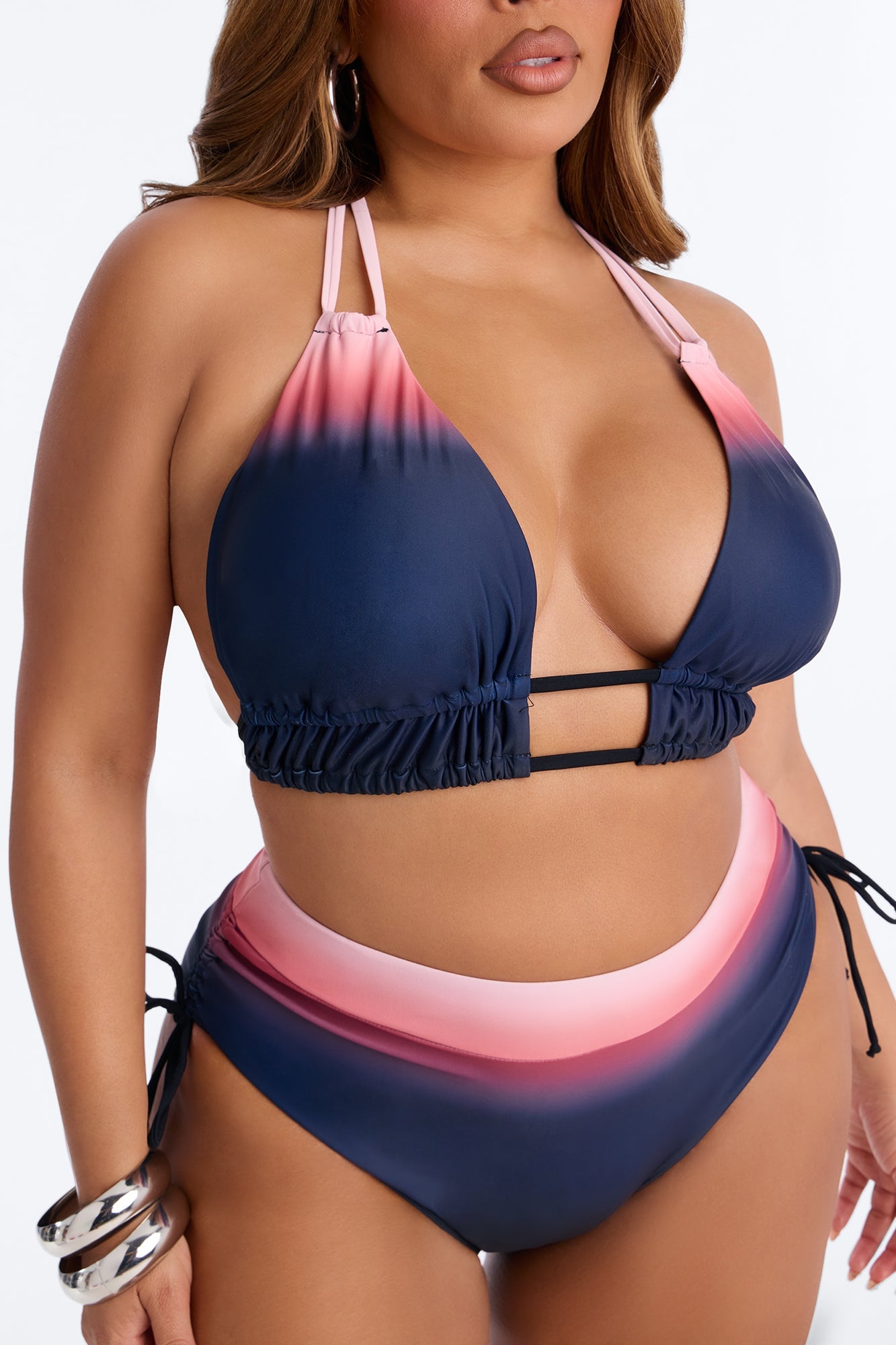 Sunset Fade Ombre Tank Top High Waist Ruching 2 Piece Bikini - Black/Pink image 2