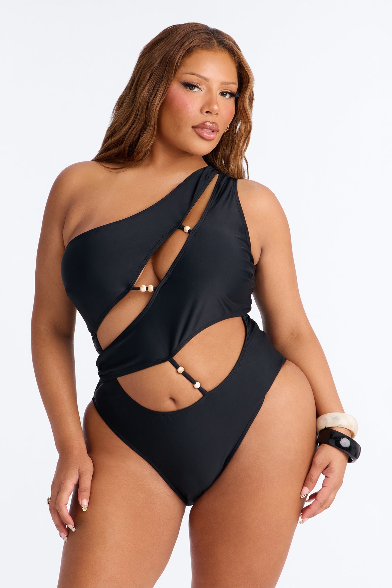 Sunset Swim Cut Out Beads Asymmetrical 1 Piece Swimsuit - Black image 1