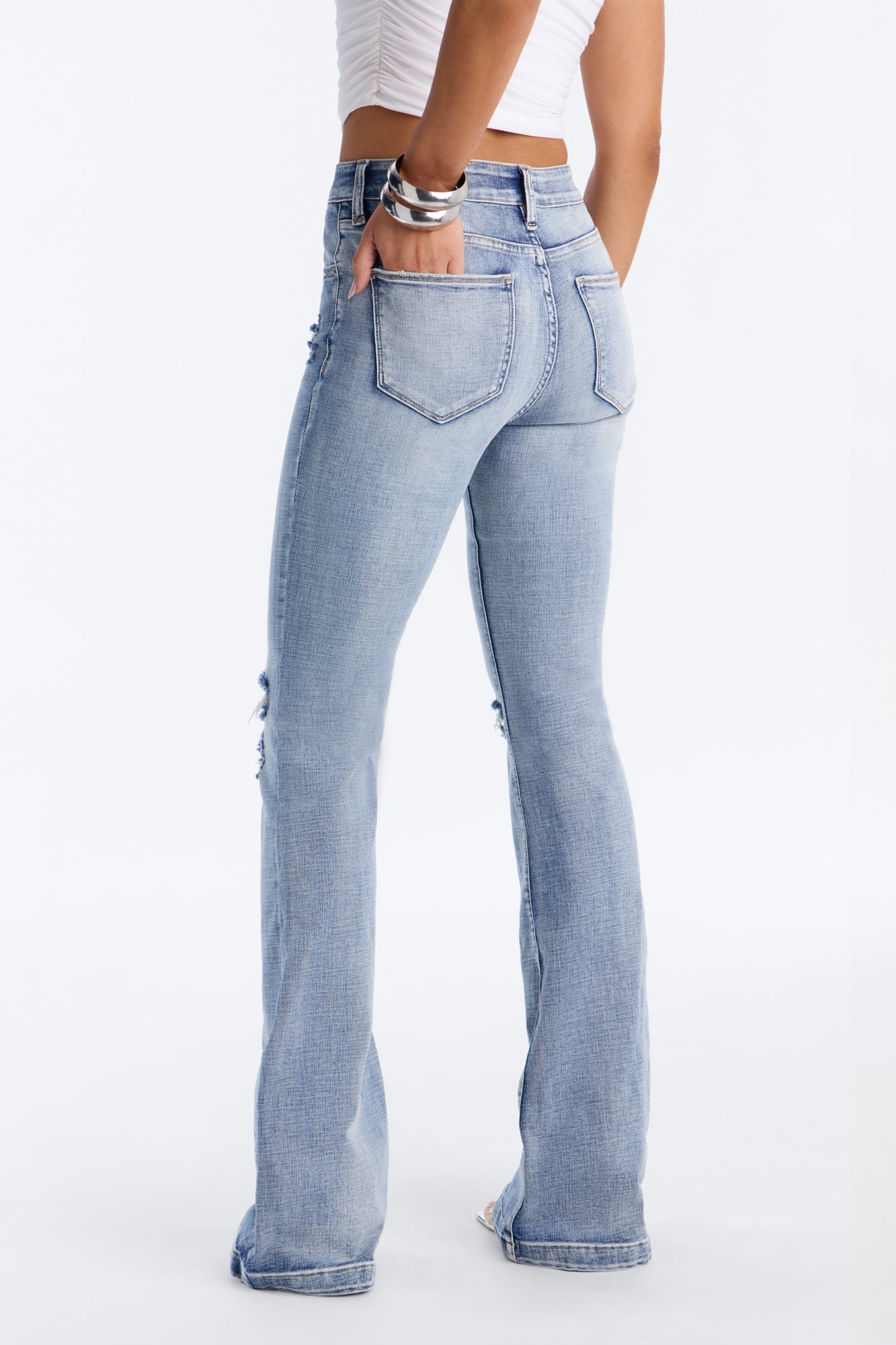 Tall Key Figure Ripped Stretch Flare Jeans - Medium Wash image 8