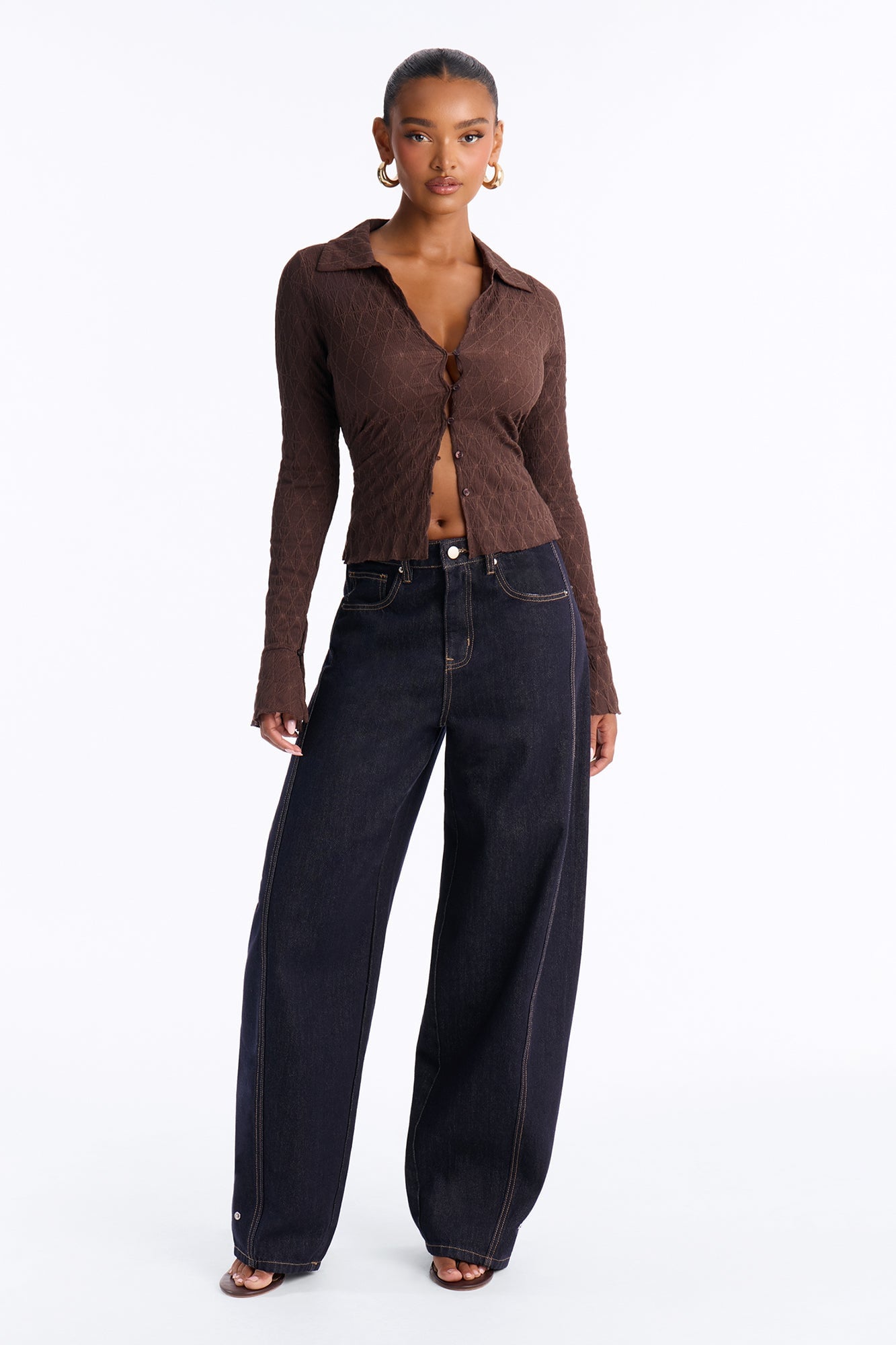 Sunni Textured Long Sleeve Button Up Top - Brown image 6