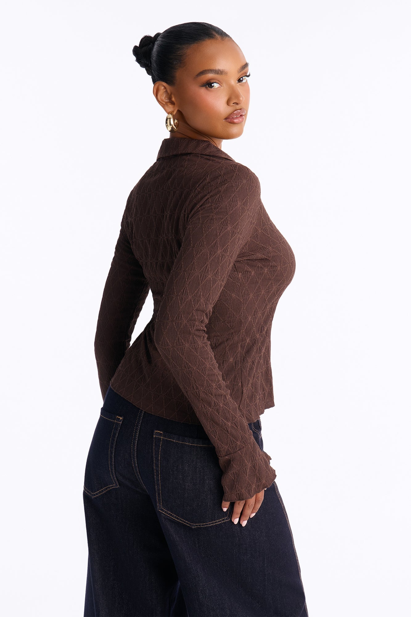 Sunni Textured Long Sleeve Button Up Top - Brown image 8