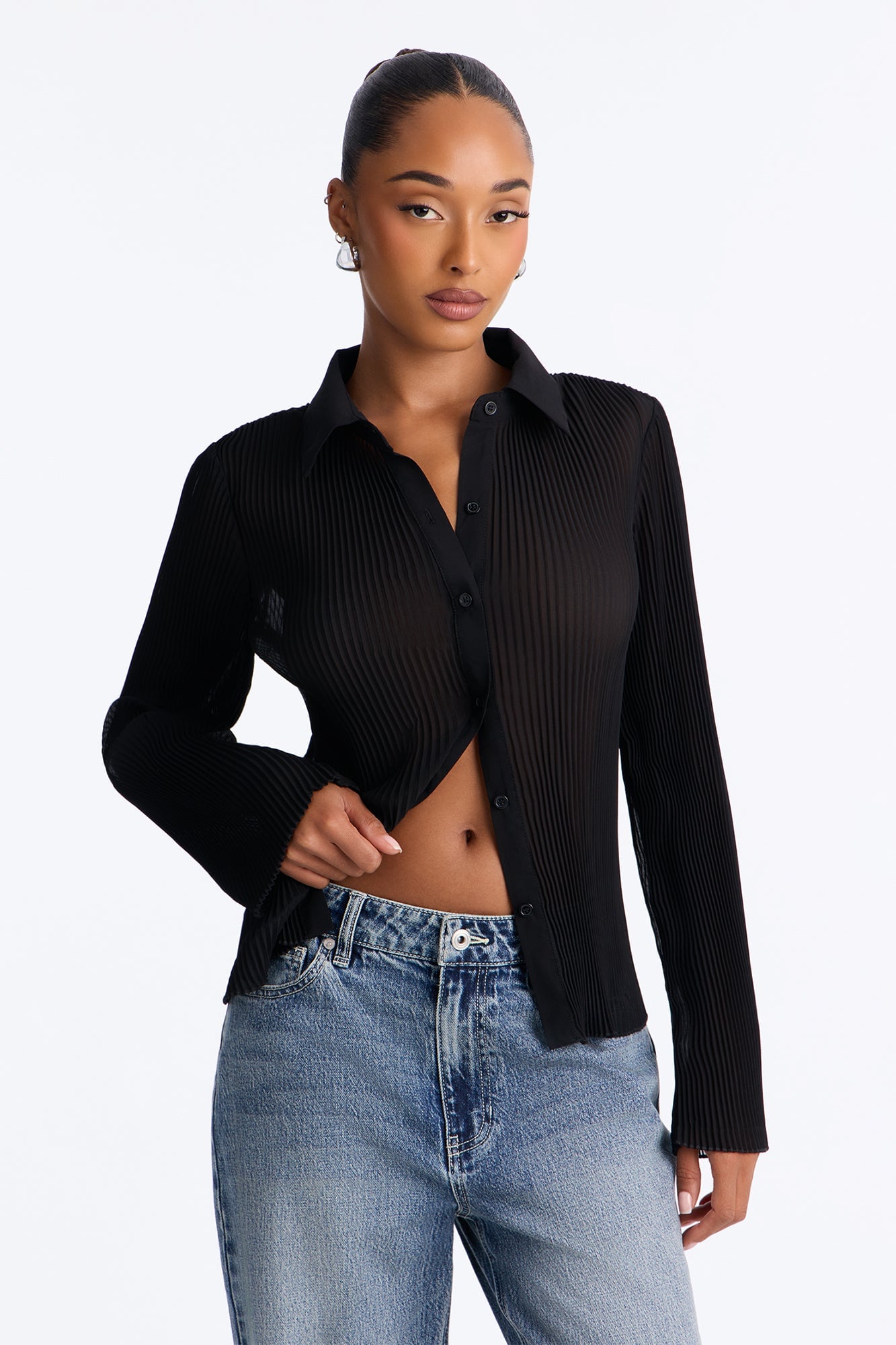 Taking Calls Plisse Chiffon Blouse - Black image 5