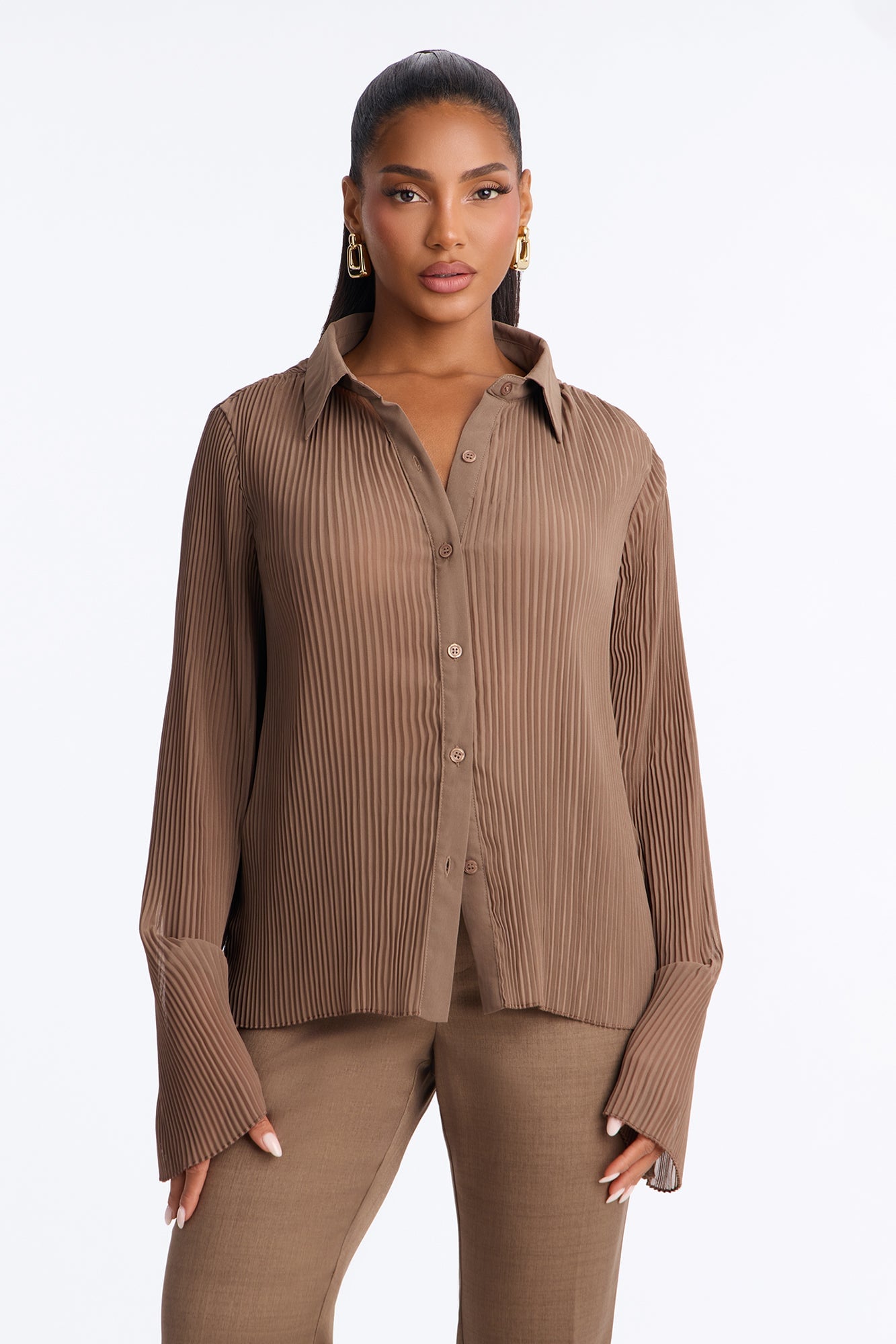 Taking Calls Plisse Chiffon Blouse - Mocha image 5