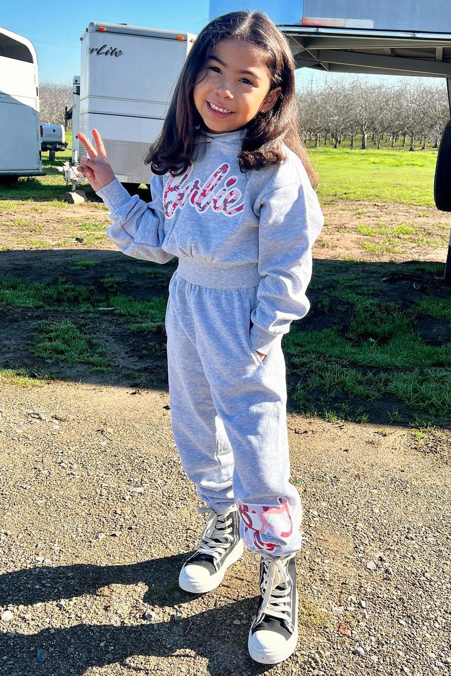 Mini Barbie Girl Fleece Jogger Set - Heather Grey image 2