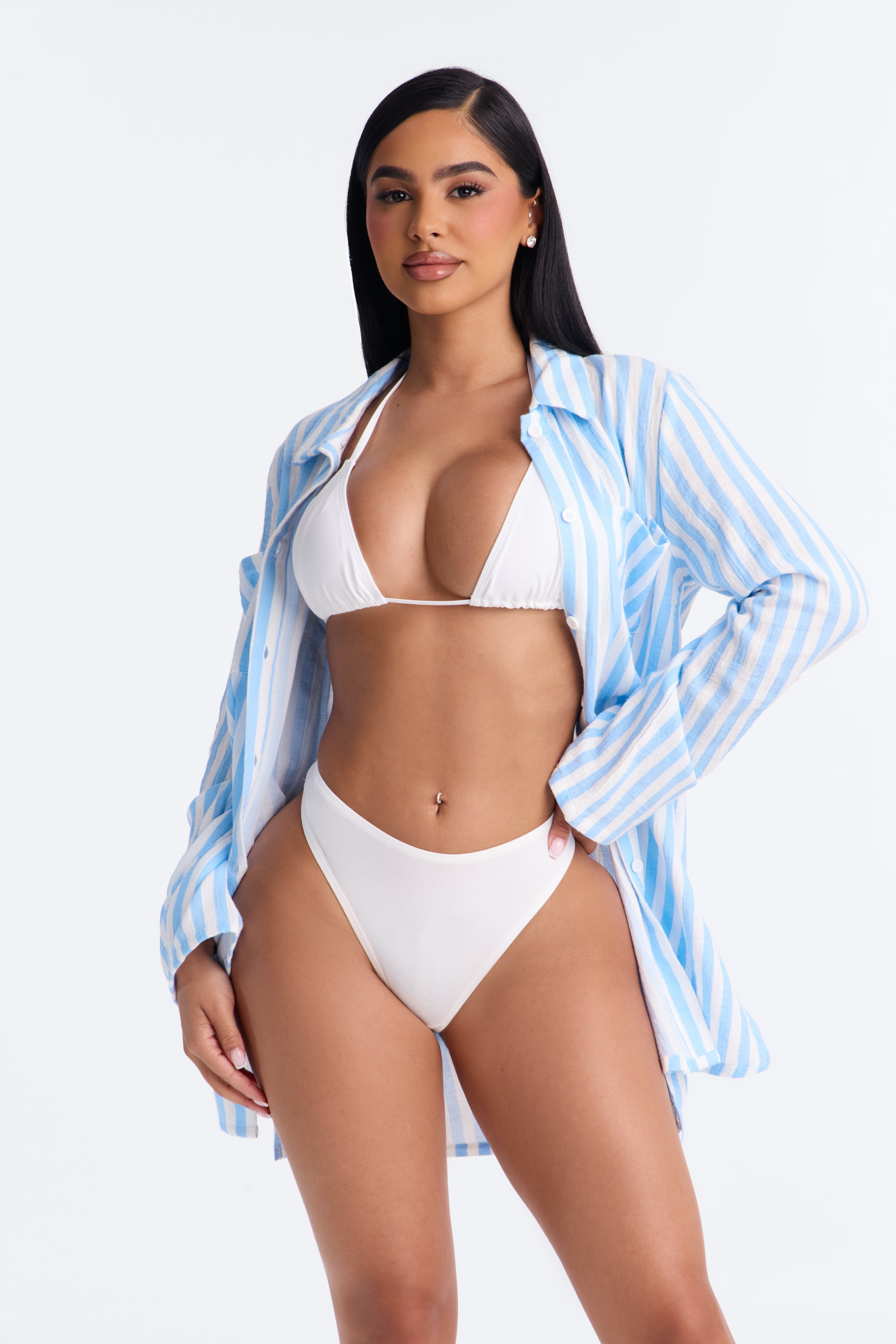 Sun Down Long Sleeve Cover Up Button Up Dress - Blue/combo image 1