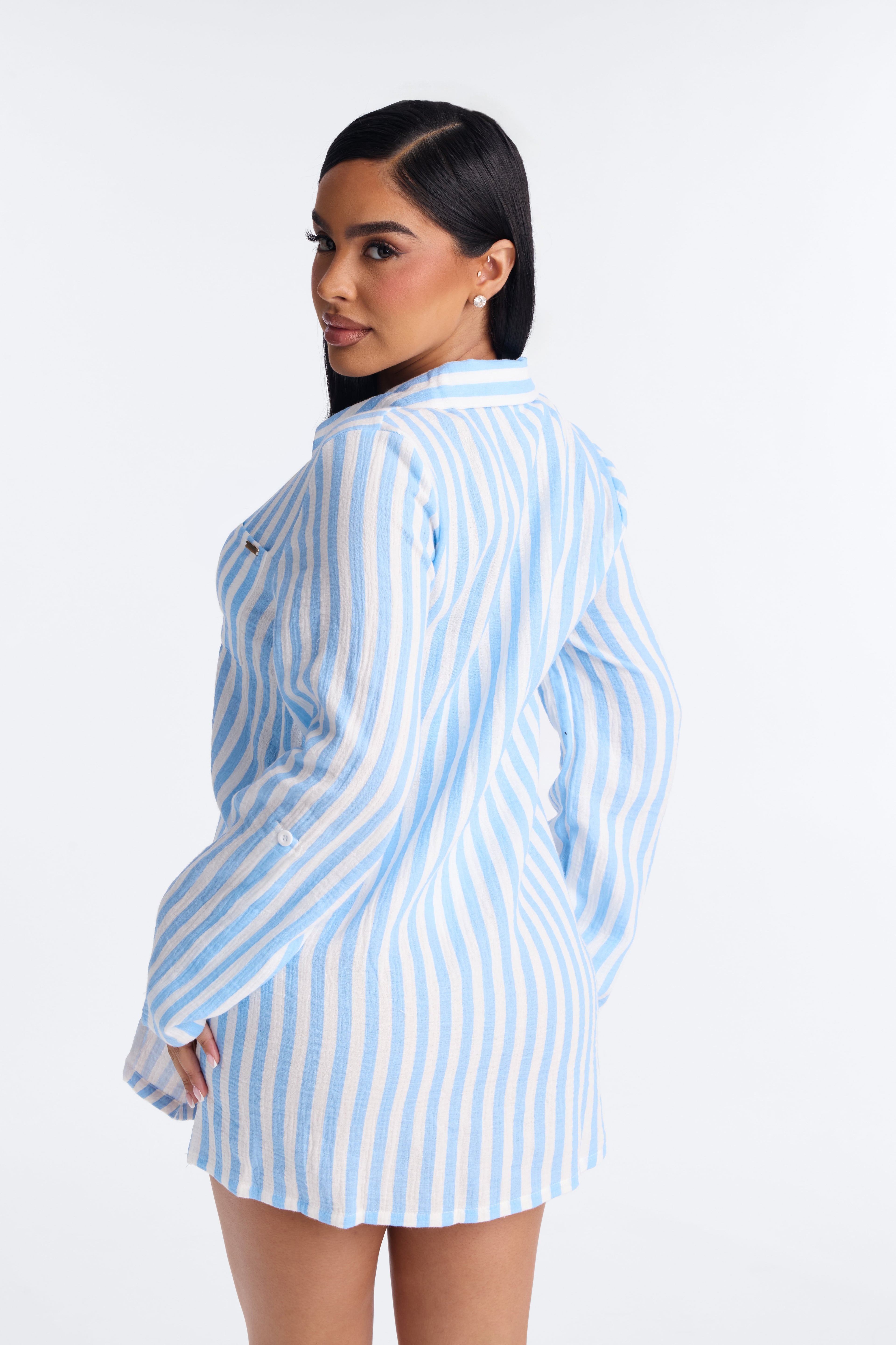 Sun Down Long Sleeve Cover Up Button Up Dress - Blue/combo image 3