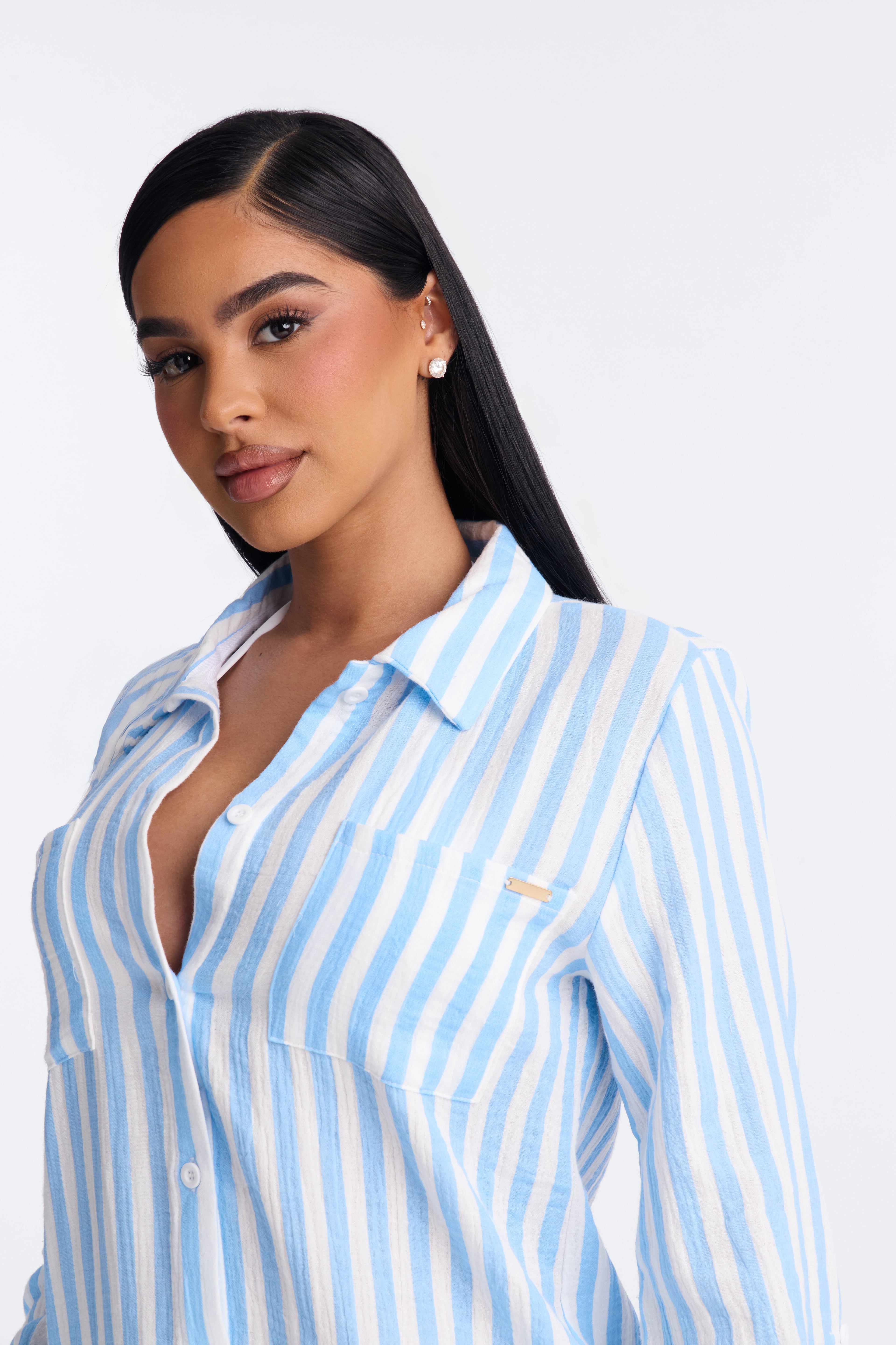Sun Down Long Sleeve Cover Up Button Up Dress - Blue/combo image 4