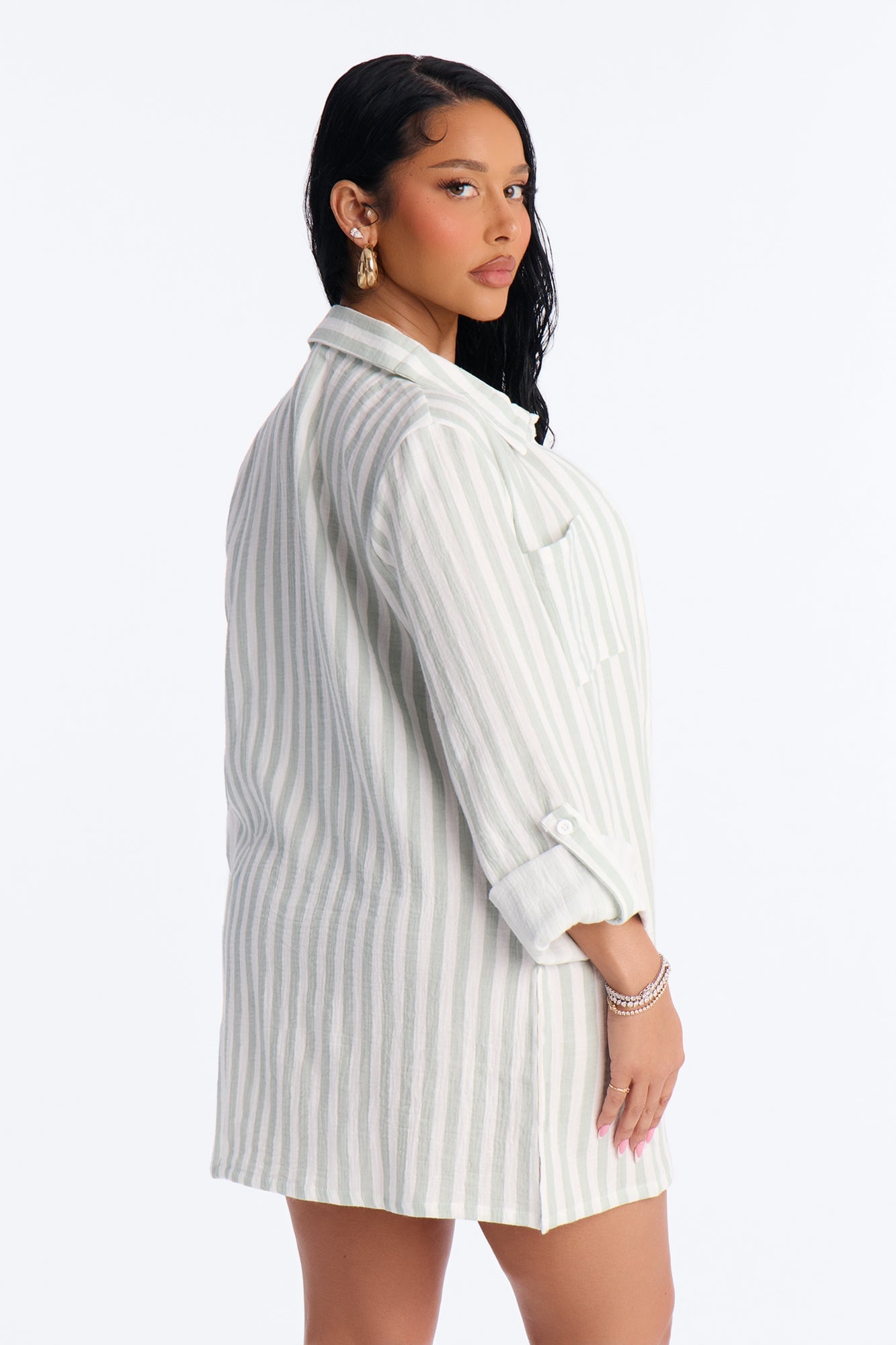 Sun Down Long Sleeve Cover Up Button Up Dress - Green/combo image 4