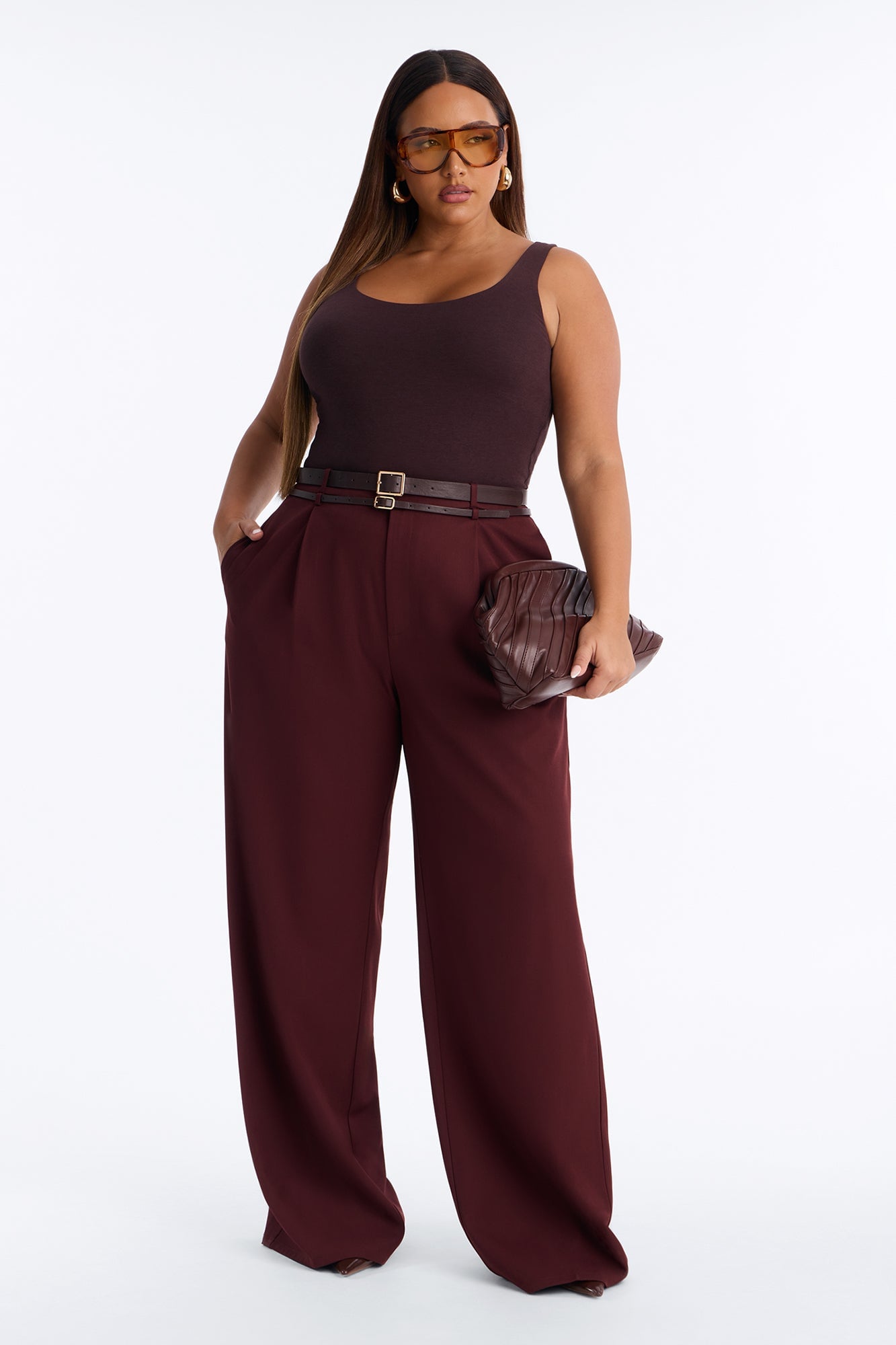 Tall Geraldine Belted Wide Leg Trousers - Wine image 1