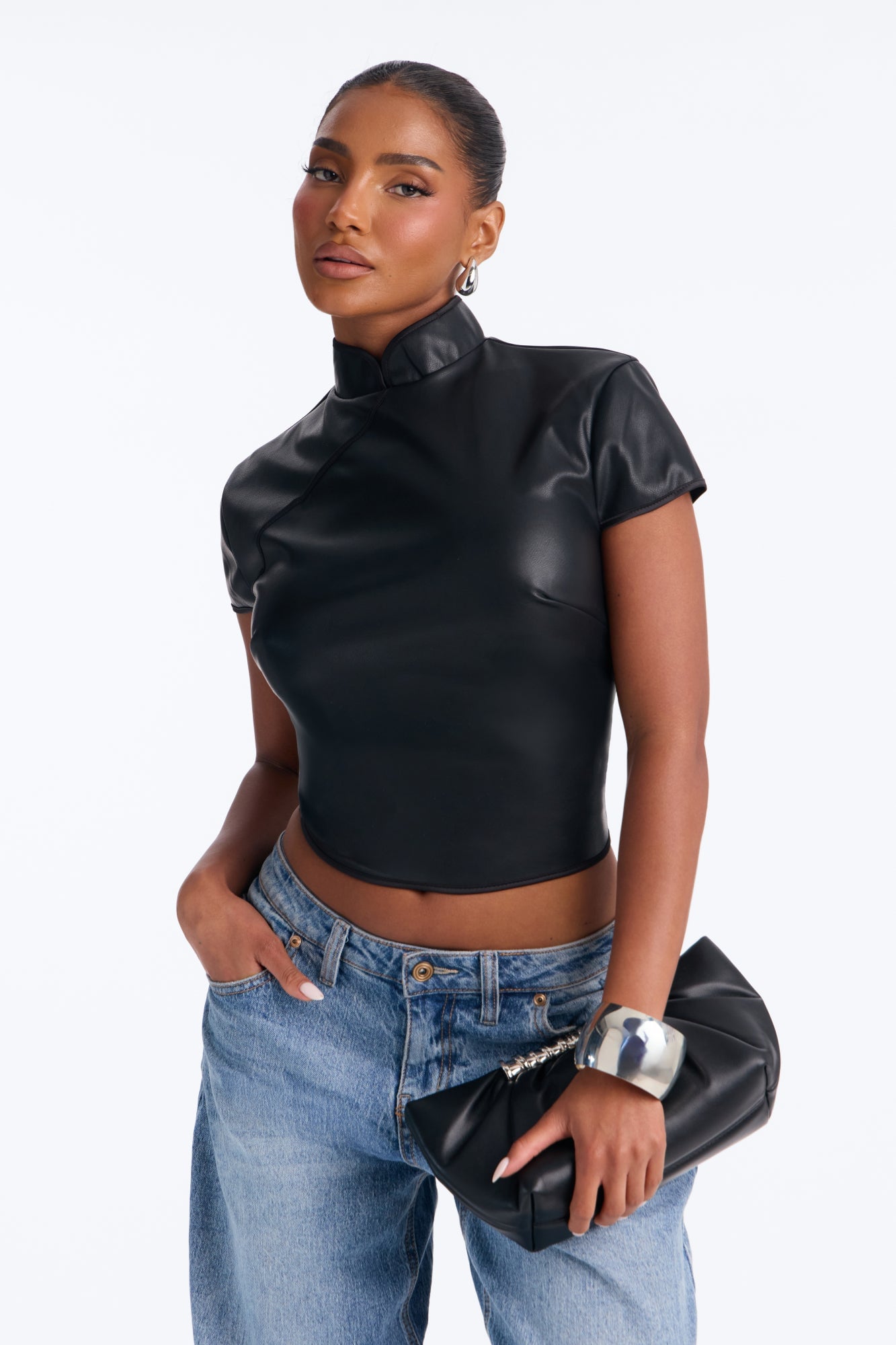 Tanya Faux Leather Mock Neck Top - Black image 5