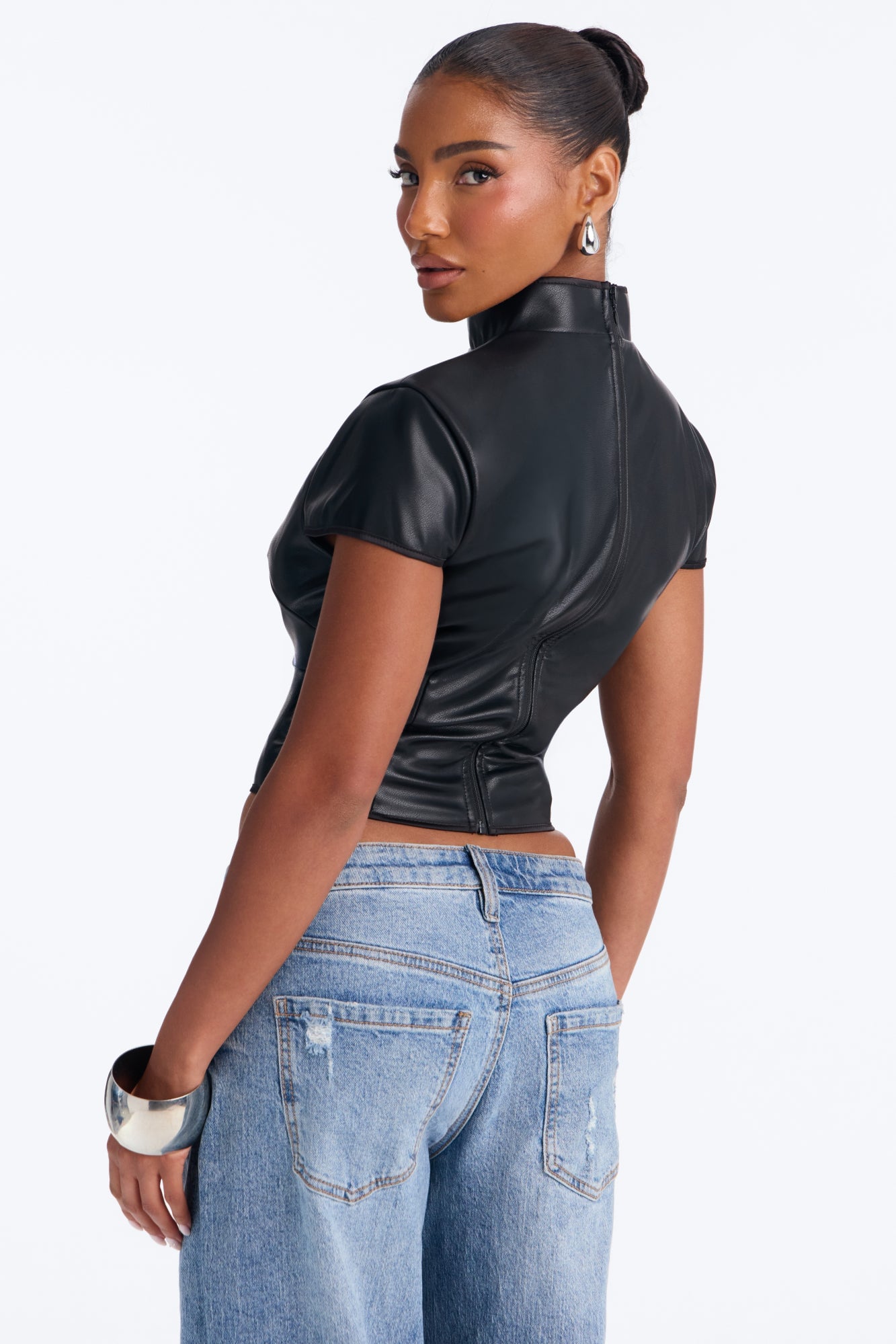 Tanya Faux Leather Mock Neck Top - Black image 8