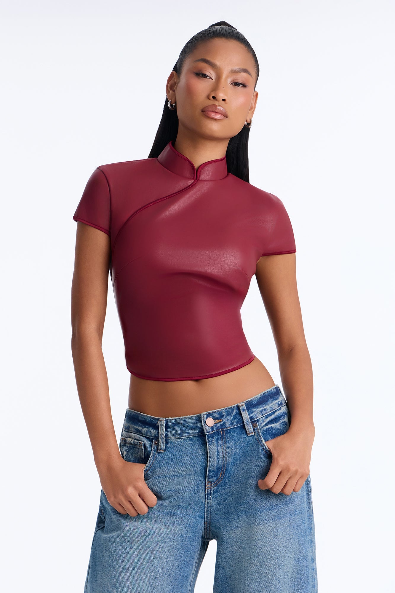 Tanya Faux Leather Mock Neck Top - Burgundy image 5