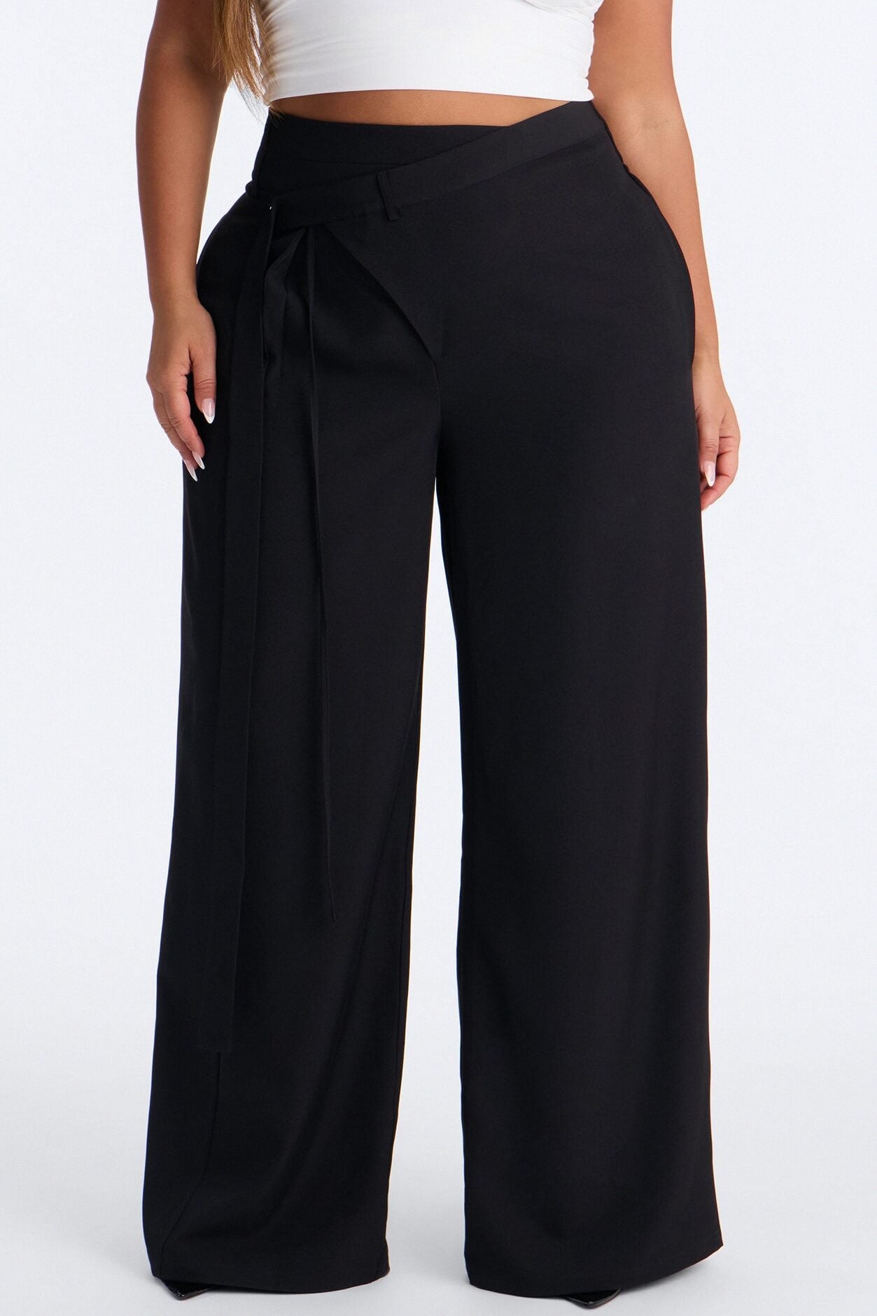 Center of Attention Asymmetrical Waist Wide Leg Trousers - Black image 1